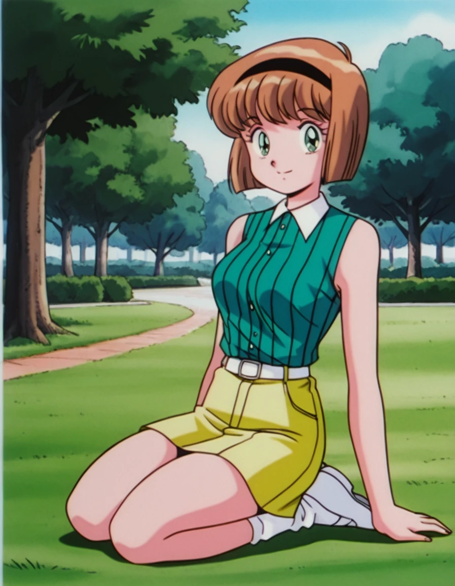 detailed background, detailed face, retro style , <lora:Miki_Hosokawa_-_Jigoku_Sensei_Nube:1>,1girl, solo, arms behind, Miki H, brown hair, short hair,bangs, green eyes, black hairband, large breast, slim waist, wgreen striped shirt, sleeveless shirt, white collar, yellow skirt, white shoes, park background .big trees, grass, sky, day, outndoors, smile, closed mouth, seductive, looking at viewer