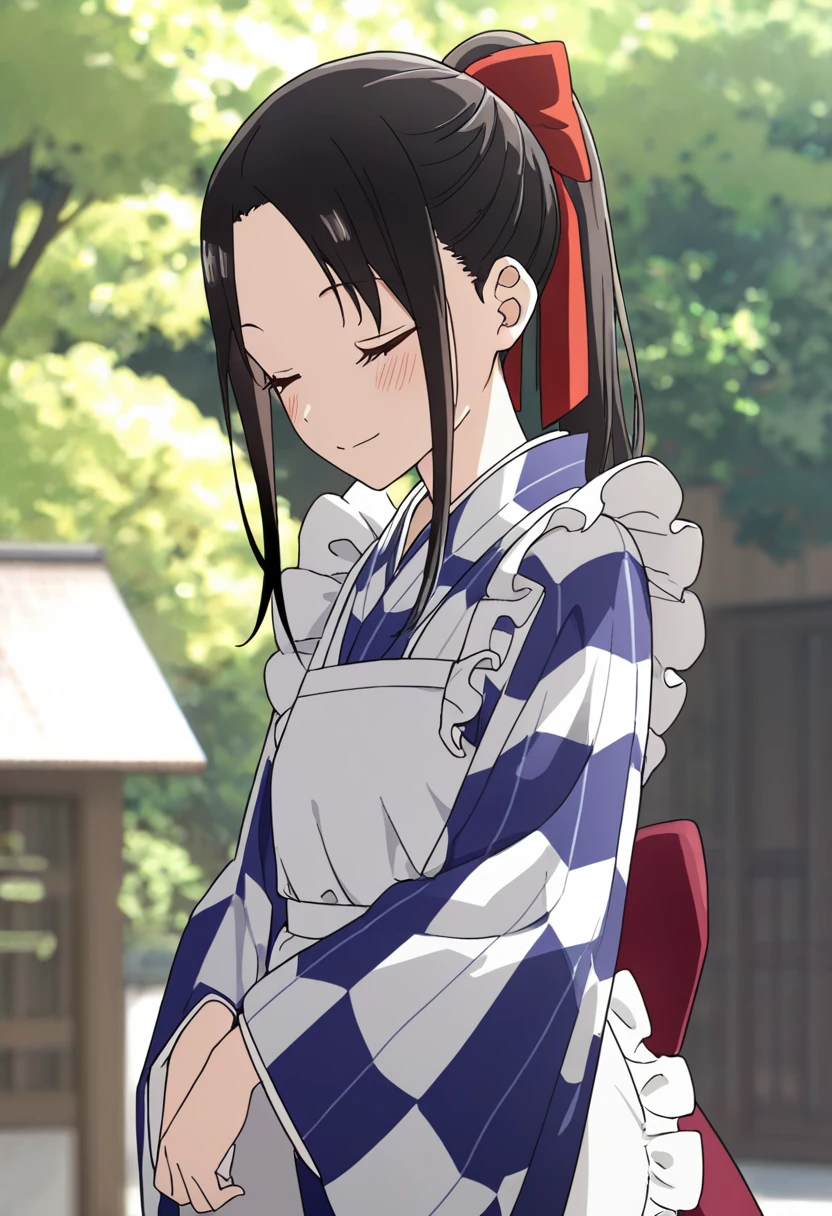 masterpiece, best quality, good quality, very awa, newest, highres, absurdres,outdoors,KaguyaShinomiya-LoveIsWar,
Kaguya Shinomiya \(Love is War\), 1girl, solo, long hair, blush, smile, skirt, black hair, long sleeves, bow, ribbon, closed mouth, closed eyes, ponytail, hair bow, sidelocks, frills, japanese clothes, wide sleeves, kimono, apron, red bow, white apron, maid apron, wa maid
, <lora:Kaguya Shinomiya (Love is War) Illustrious v3:0.8>