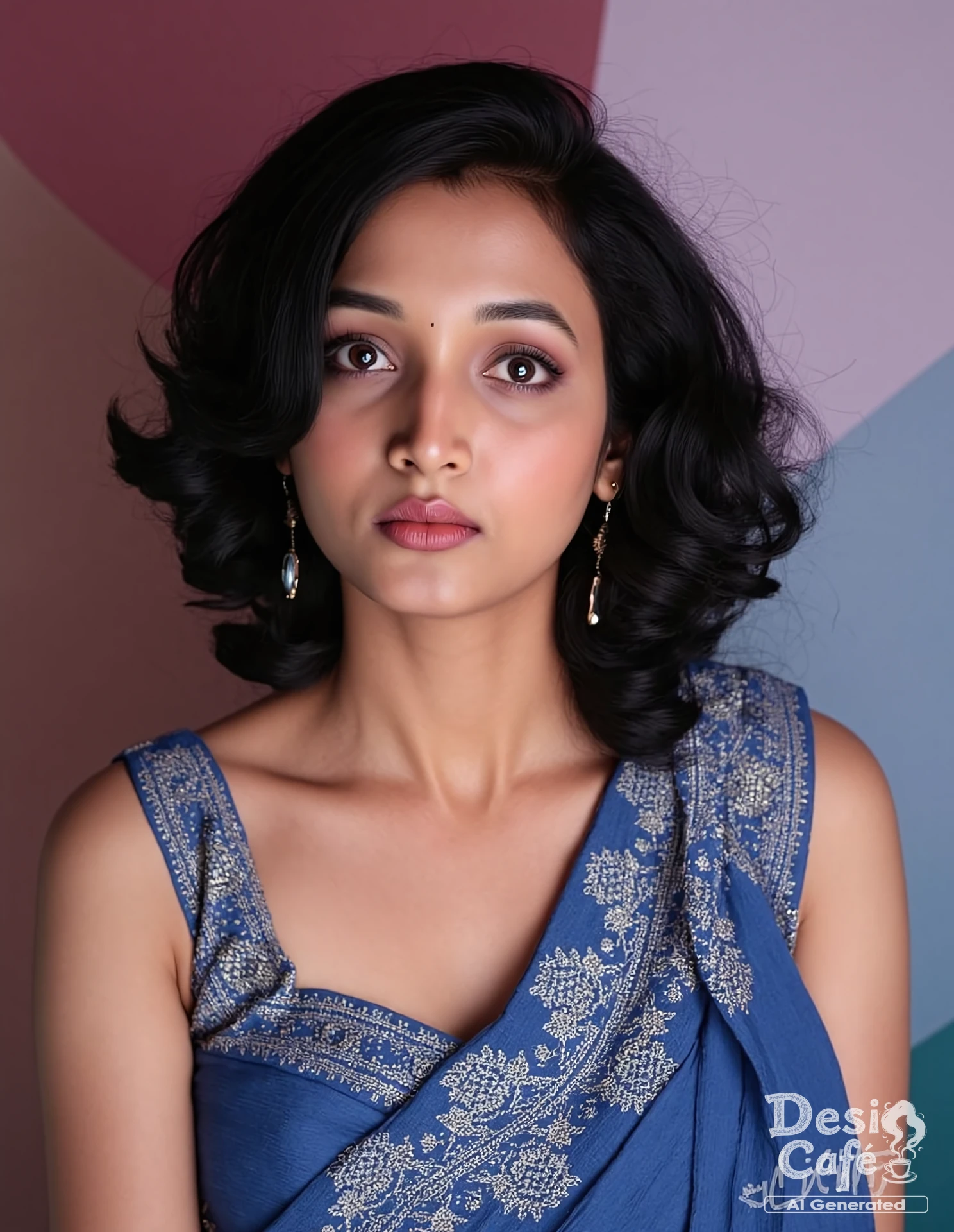 instagram photo of sr1n2dh1 sh3tty woman, hyper realistic photo that is safe for work, expression of wonderment with wide eyes, studio quality image with natural colors, well dressed wearing intricate sleeveless Blue Bomkai Saree (Odisha traditional saree), hair styled as curls,muted pastel shaded multicolored background that contrasts with the person, cinematic lighting,âââââ âââ<lora:sr1n1dh1_sh3tty_Srinidhi_Shetty_Flux_Kohya_V1:1>âââ