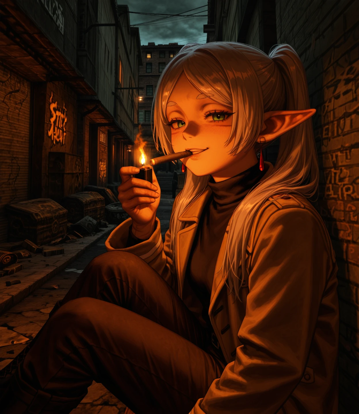 kingpin, realistic, portrait, masterpiece, best quality, amazing quality, very aesthetic, absurdres, newest, portrait, 1girl, frieren, sitting on wooden table, trying to light cigar with lighter, smug expression, covered in blood, visible wrinkles, facial scars, hand scars, worn out brown jacket, black turtleneck, brown pants, chain accessory, black boots, street alley, destroyed alleyway, burning barrels, art deco architecture, shattered glass, graffiti, dark ambient lighting, cinematic light, harsh shadows, high contrast, detailed exterior, cracked pavement, rubble, old signage, fire glow, trash scattered, dramatic atmosphere, gritty urban environment, <lora:Kingpin_-_Life_of_Crime_Style_1.2_ILXL:0.8>, <lora:dmd2_sdxl_4step_lora:1>