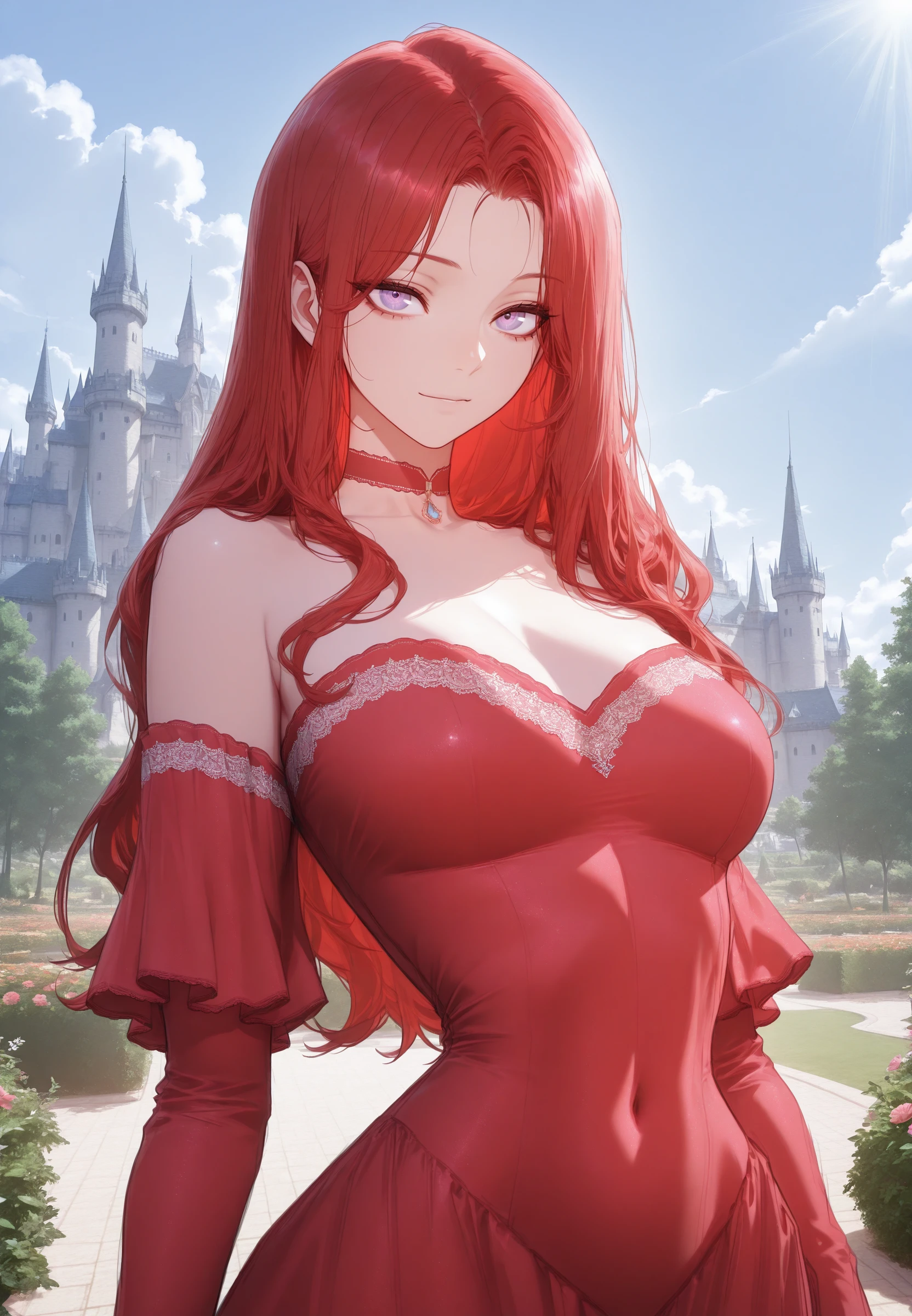 Milf de cabello rojo . Posando y sonriendo de placer. in a garden.
