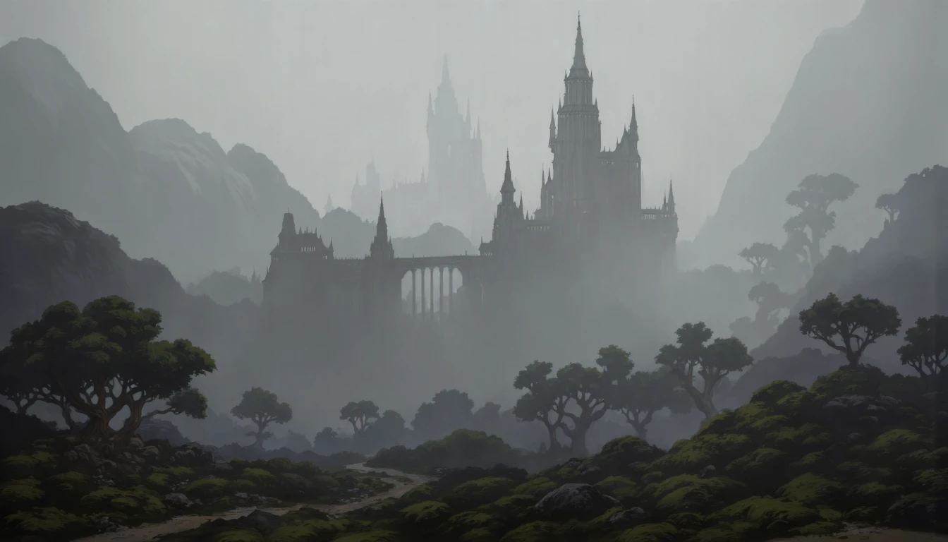 Environment concept, digital painting, Mystical Castle in the fog, 8k, trending on artstation, artstationHD, artstationHQ