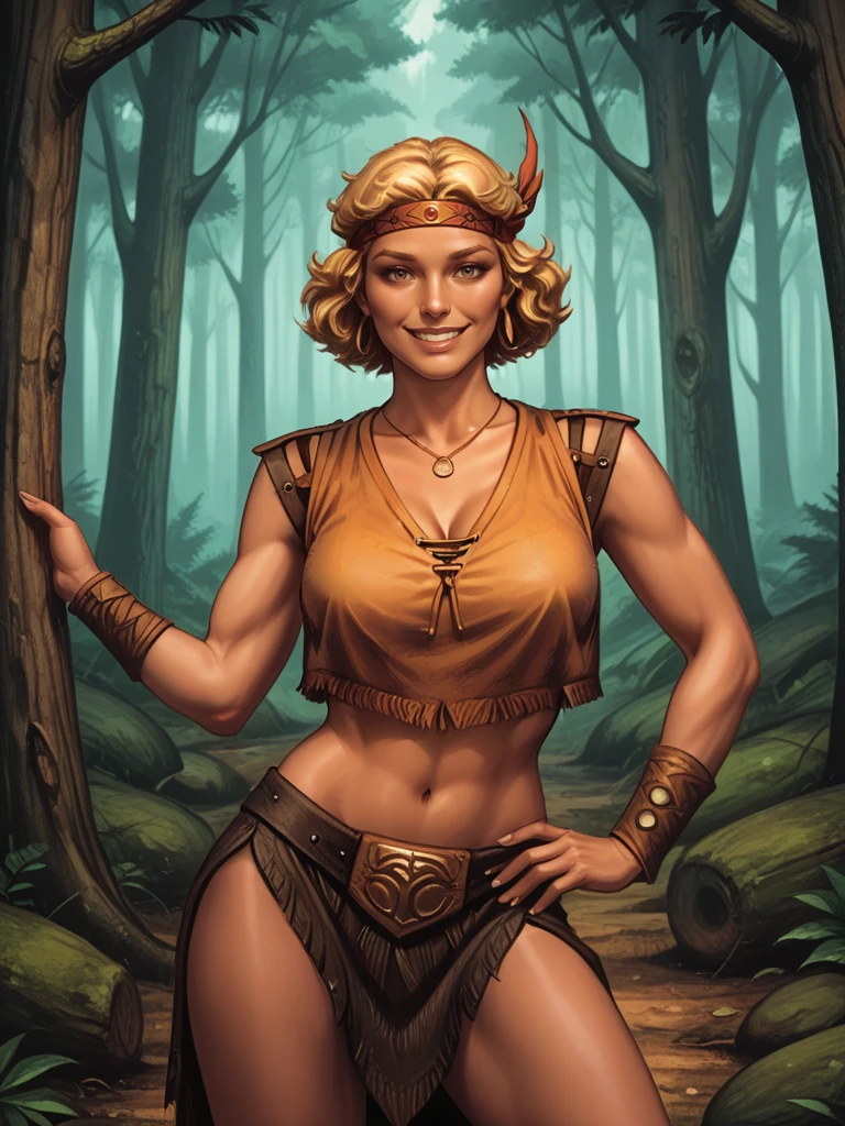 <lora:Fejyelsae__Classic_Dungeons__Dragons:0.7> fejyelsae,,short hair, blonde hair, headband,, necklace, jewelry,,midriff,,
standing in a forest, solo, looking at viewer, smiling, cowboy shot,
hand on hip