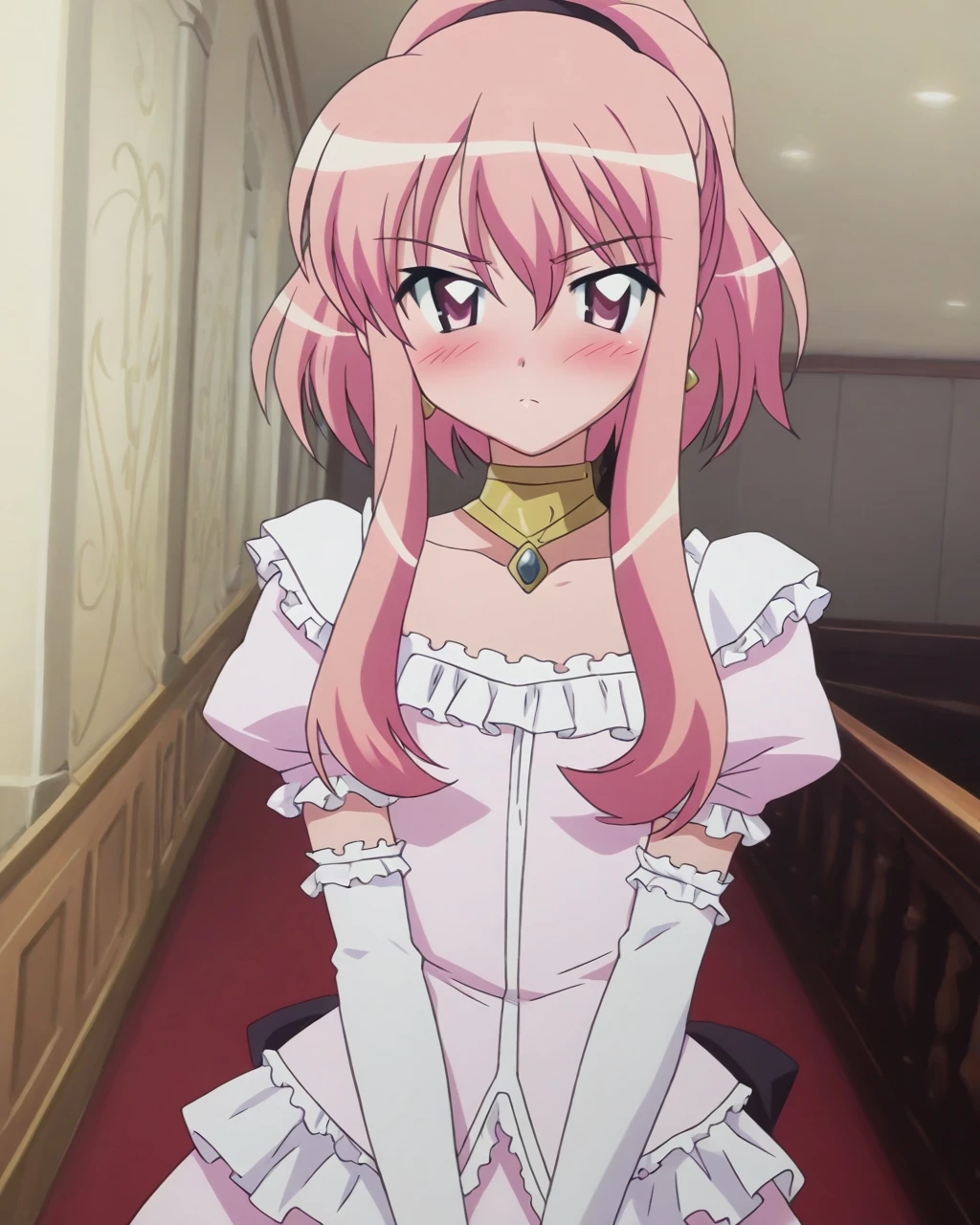 1girl, solo, masterpiece, best quality,
<lora:iroha-madomagi:0.6>,
maid, maid headdress, frills, detached sleeves, magia record: mahou shoujo madoka magica gaiden, iroha tamaki, tamaki iroha, pink eyes, tareme, pink hair, long hair, braid, frentch braid, half updo, braided ponytail, blunt bangs, hair intakes, blunt ends, sidelocks, detached collar, bikini, maid bikini, skindentation, apron, frilled apron, maid apron, collarbone, cleavage, medium breasts, navel, waist apron, skirt, miniskirt, thighhighs, thigh gap, zettai ryouiki, breasts,
cowboy shot, leaning forward, v arms, from above, looking up, looking at viewer,
blush, nose blush, scowl,
indoors, wooden floor