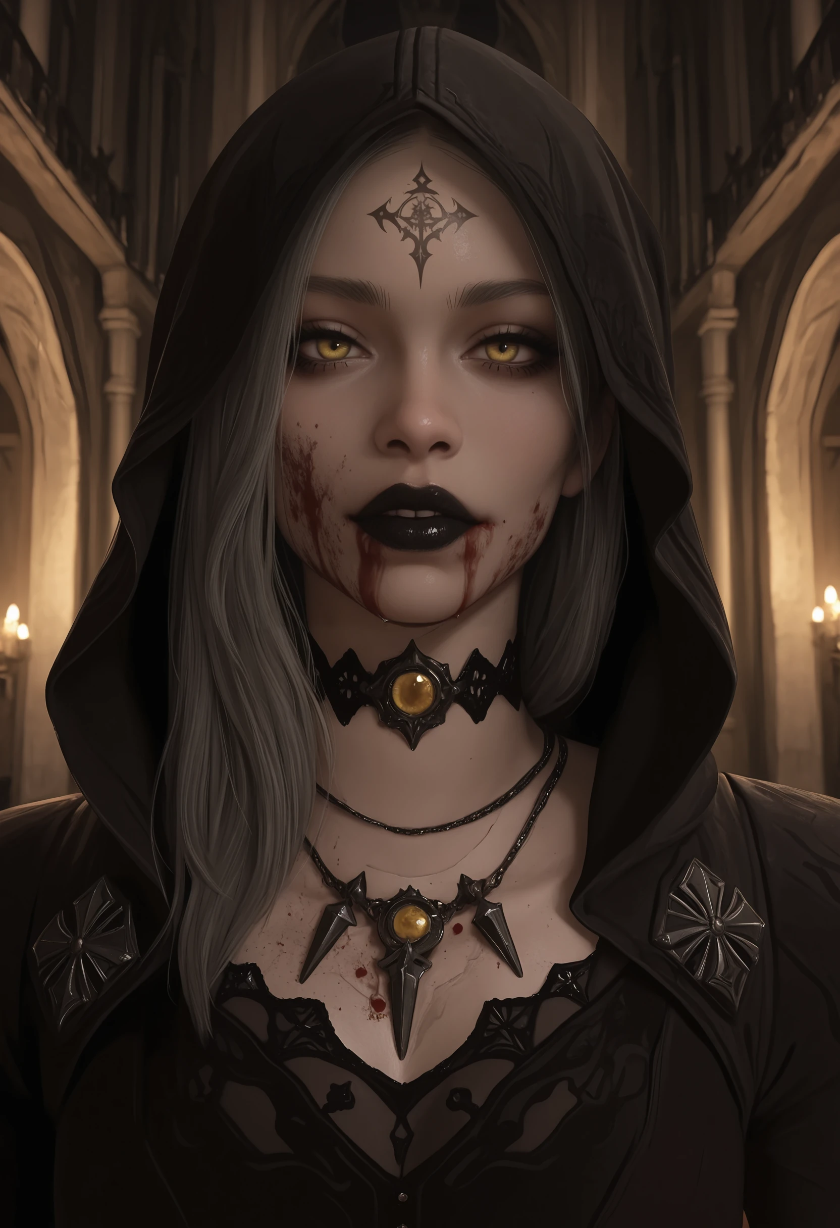 masterpiece, best quality, amazing quality, very aesthetic, absurdres, newest,  <lora:CassandraDimitrescuILf:0.75> c4silf, 1girl, grey hair, yellow eyes, black lips, forehead tattoo, hood, dress, choker, necklace, looking at viewer, portrait, blood on face,
castle interior,
