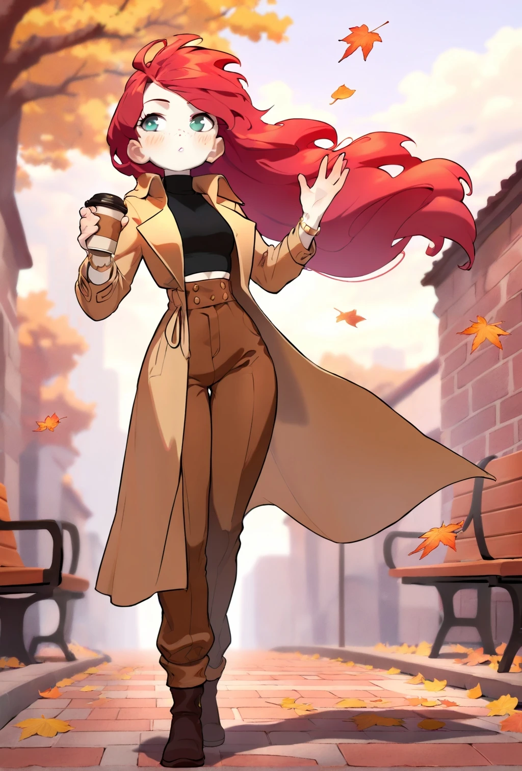 cinematic film still 1girl,solo,red hair (subtle ash-toned pastels:1.1),<lora:Rodecchi:1>,blush,narrow waist,freckles,pale skin,(tailored beige trench coat:1.2),black turtleneck,high-waisted trousers,ankle boots,(minimalist gold bracelet:0.9),cloudy sky,autumn leaves on sidewalk,brick wall background,coffee cup in hand,soft natural light,(wind-blown hair:1.1),faint mist,urban park benches,muted color palette, . shallow depth of field, vignette, highly detailed, high budget, bokeh, cinemascope, moody, epic, gorgeous, film grain, grainy