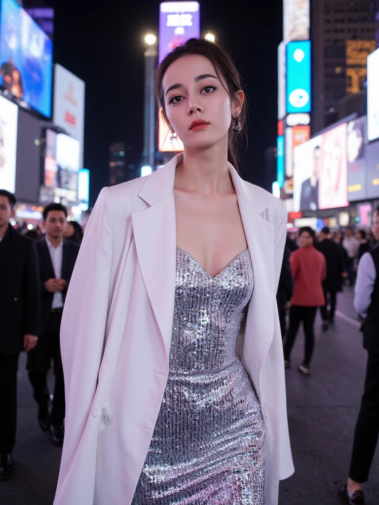 There are wonderful studio lights and various reflections,perfect light art,18yo cute beautiful asian girl with blushing,female orgasm,her detailed pale skin is naturally showing the texture of blood vessels,looking at viewer,
--,
<lora:dili_f1_rank2_bf16:1>,she is dilraba dilmurat,a young woman from china,
--,
--, In the bustling heart of New York City, a girl with sharp, angular features and bright eyes exudes confidence. She wears a form-fitting, metallic silver evening gown that reflects the neon lights of Times Square. Over the dress, she pairs a structured, white leather trench coat, adding a touch of sophistication. Her posture is poised as she navigates the crowded streets, her gaze capturing the attention of passersby. The background is a kaleidoscope of lights and billboards, creating a vibrant contrast to her glamorous outfit. The image is captured in a hyper-realistic style, highlighting the reflective quality of her dress and the dynamic urban environment.