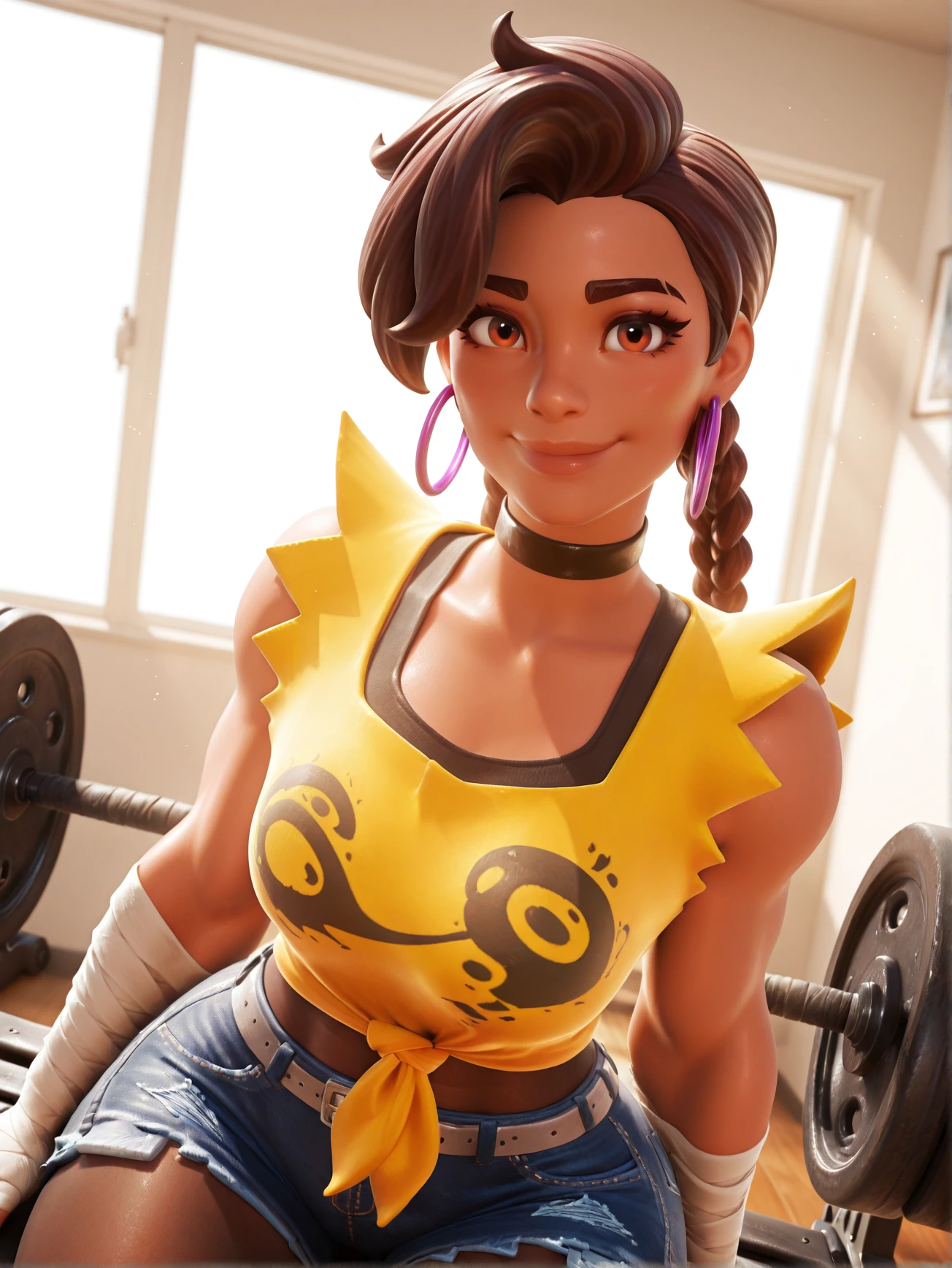 3d, pixar, masterpiece, very aesthetic, best quality, amazing quality, absurdres, newest, intricate details, 1 girl, brown hair, black eye shadow, brown eyes, dark skin, looking at viewer, hyperdetailed skin texture, specular highlights, perfect lighting, subsurface scattering,BREAK thick thighs, wide hips, large breasts, shiny skin, choker, black choker, twin braids, sleeveless, yellow shirt, smile, hoop earrings, jean shorts, pantyhose, bandaged arms, leather weight bench, white room, window, light rays, barbell,
<lora:CinderFortnite:1>