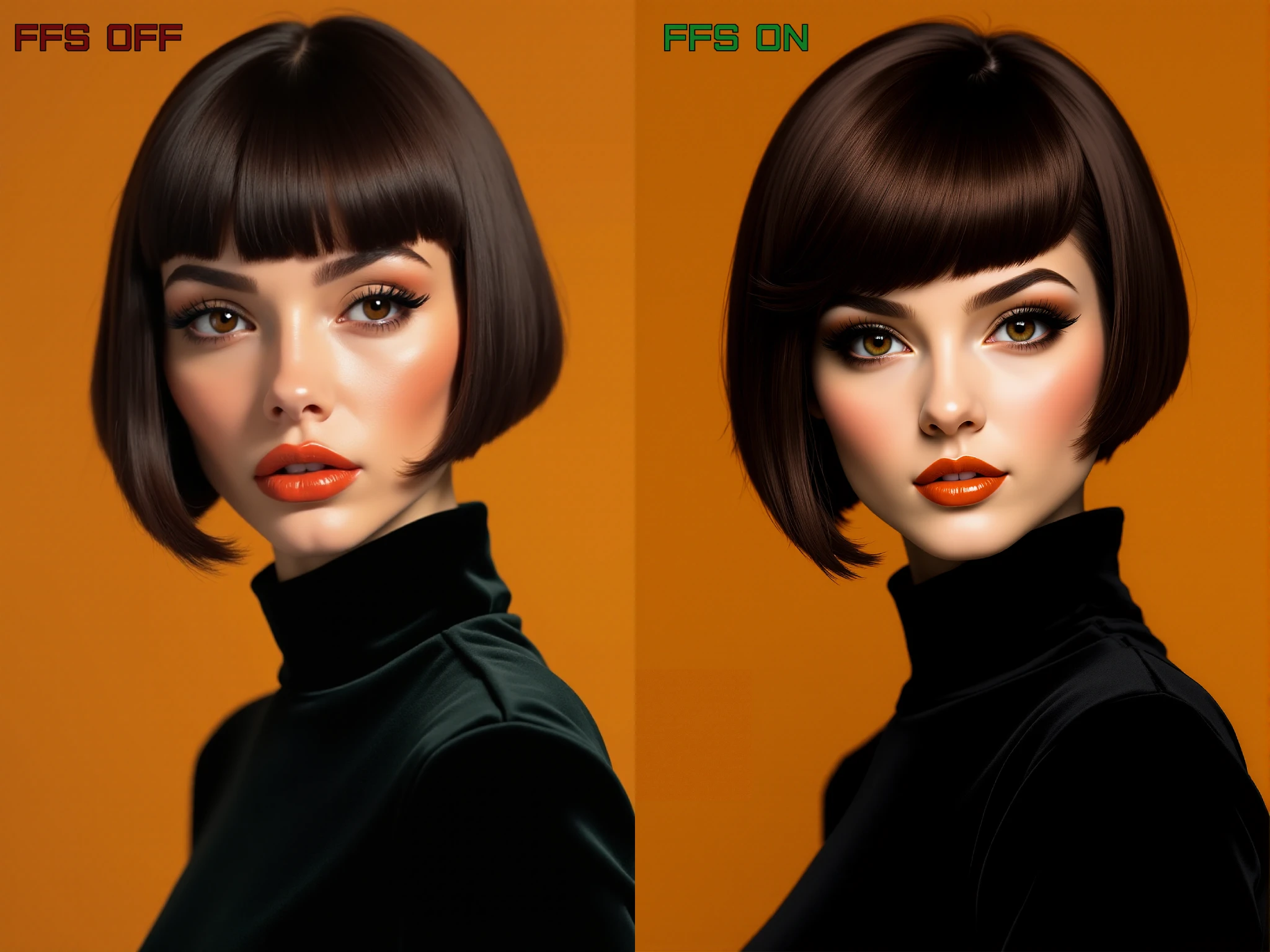 <lora:FFS_v.6:0.8>
A striking portrait of a young woman with a sleek, chin-length espresso-brown bob and sharply defined fringe, her gaze poised and magnetic against a warm ochre backdrop. Her eyes are rich chestnut with luminous depth, framed by dark winged eyeliner and thick lashes that lend a dramatic, editorial presence. Her skin glows with a soft matte finish, featuring subtle terracotta blush and glossy, peach-toned lips rendered in smooth gradient shading. She wears a high-necked black velvet top that contrasts starkly with the background, its texture catching delicate highlights along the folds and seams. The composition is clean and balanced, focusing tightly on her upper shoulders and face in a three-quarter view, enhancing the angular silhouette of her haircut. The style blends vector precision with painterly shading, delivering a polished, high-fashion aesthetic infused with retro-modern minimalism and classic 1960s mod influence.