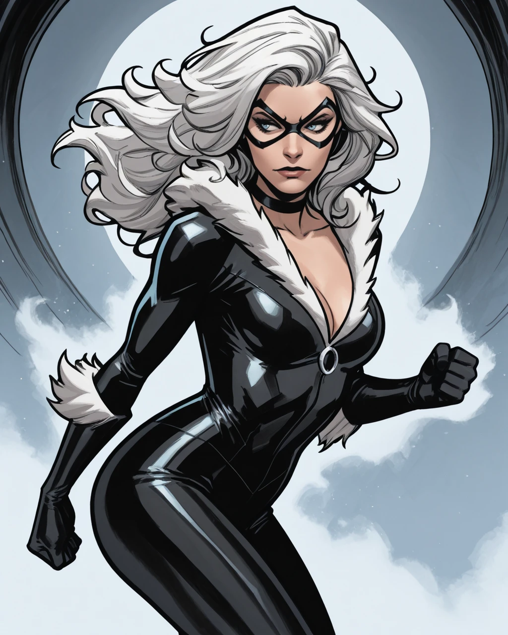 blct, 1girl, solo, long hair, looking at viewer, blue eyes, gloves, closed mouth, white hair, outdoors, sky, choker, day, cloud,  bodysuit, mask, black choker, lipstick, black bodysuit, superhero, domino mask, abs
<lora:blct:0.55>