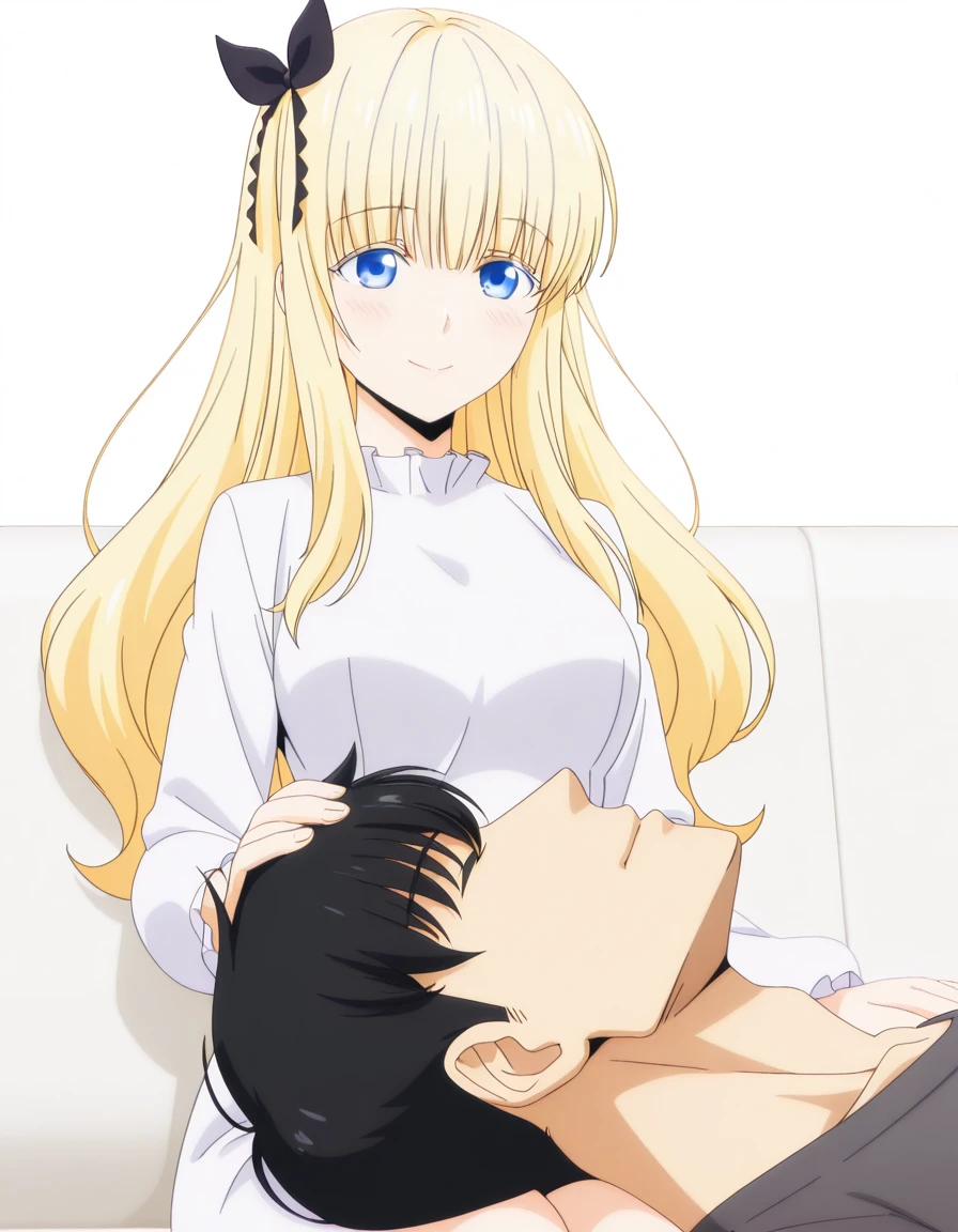 masterpiece, best quality, amazing quality,, <lora:juliet-persia-s1-illustriousxl-lora-nochekaiser:1>, juliet persia, long hair, bangs, blue eyes, blonde hair, black ribbon, black bow, hair ribbon, hair bow, mature female, medium breasts, anime screencap, <lora:lap-pillow-illustriousxl-lora-nochekaiser:1>, lap pillow, sitting, closed eyes, hetero, lying, on back, looking at another, sleeping, hand on another's head, blush, smile, knees, on couch, <lora:jin-woo-sung-s2-illustriousxl-lora-nochekaiser:1>, jin-woo sung, short hair, black hair, blue eyes, mature male,, <lora:transparent-background-illustriousxl-lora-nochekaiser:1>, transparent background, simple background, white background