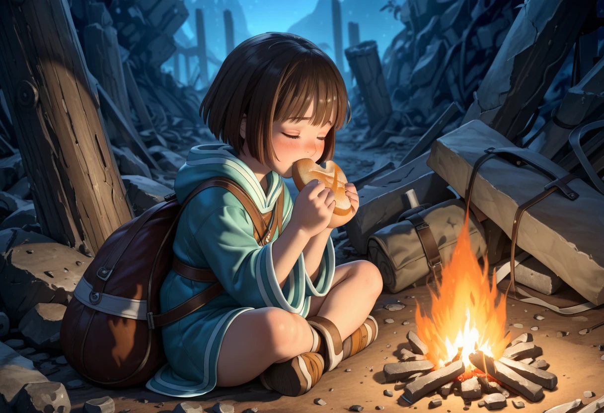 realistic,
photograph,
1girl,teen,solo,from side,
dark Night,
short hair,
robe,
big eating,
hold both hands bread,
bite,
stuff cheeks,
fantasy,
dewprism,
closed eyes,
blush,heart,
sitting pillar of rubble,
indian style,
ruins,
camping equipment,
cowboyshot,
looking at viewer,
camping equipment,
camping meal,
big bag,
best hands,
five finger,
anime,
masterpiece,
best quality,
amazing quality,
ultra detailed,
hyper detailed,
4k,
sfw