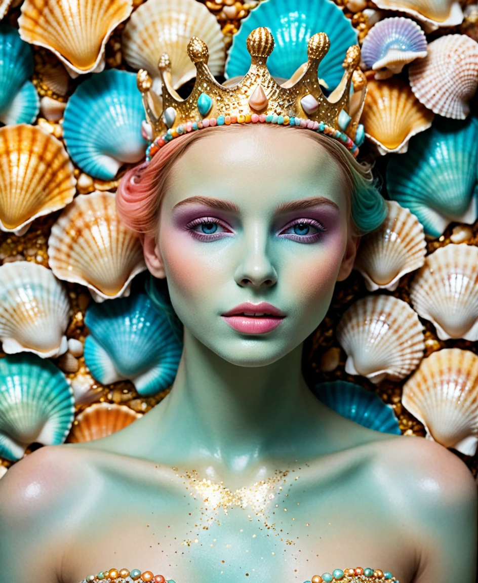 (cinematic, teal and orange:0.85), (muted colors, dim colors, soothing tones:1.3), low saturation, (hyperdetailed:1.2), (noir:0.4), (intricate details:1.12), hdr, (intricate details, hyperdetailed:1.15), (skin texture, hyperrealism, soft light, sharp:1.2)Princess woman, Blue, Pastel, glitter, dramatic, dreamy, pastel, Watercolor, Whimsical, Delicate, ornate gold seashell crown, perfect body, full body, dreamy, pastel, Watercolor,epic realistic, photo, sharp focus, documentary film footage, high resolution photography, texture skin pores, real person, detailed skin texture, cinematic movie image, upper body shot, movie grain, cinematography, intricately detailed, crafted, meticulous, magnificent, maximum details, extremely hyper aesthetic,(Vivid Colors:1.3)