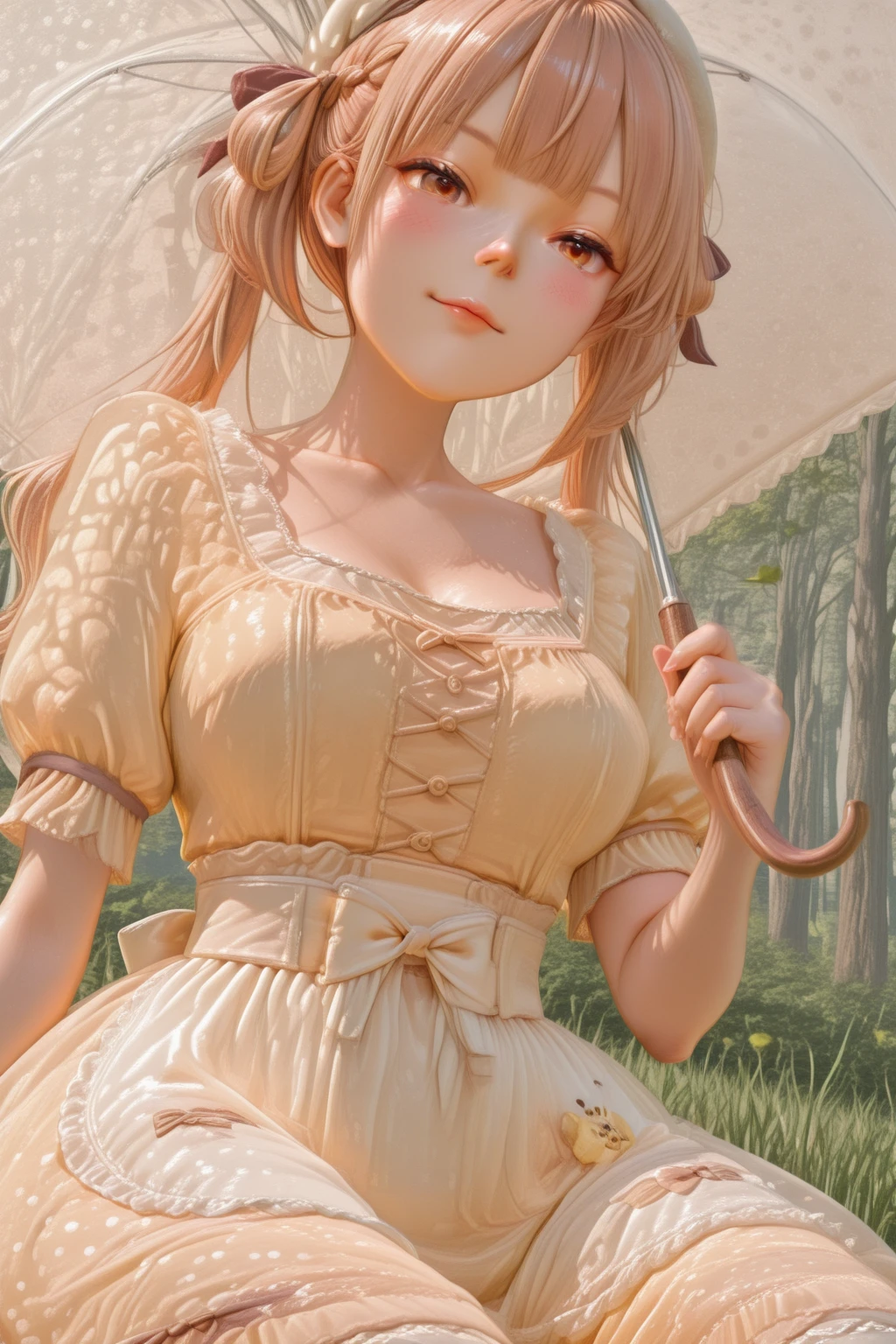 masterpiece, best quality, amazing quality, 1girl, solo, makeup, perspective, general, looking at viewer, oil painting(style), from below, far angle, dynamic angle, forest, sit on grass, grass, flowers, holding, innocent smile, dappled sunlight, wind, falling leaves, blush, hair ribbon, <lora:Sugar_Apple_Fairy_Tale_Anne_Halford:1>, Sugar_Apple_Fairy_Tale_Anne_Halford, long hair, brown hair, twintails, hair ribbon, hair rings, braid, blunt bangs, brown eyes, breasts, <lora:PomPomPurinmotifdress:1>, PomPomPurinmotifdress, yellow dress, bow, frills, short sleeves, apron, beret, (floppy ears:1.1), polka dot, hair ornament, white socks, ribbon, lace trim, puffy sleeves, mary janes, holding umbrella, <lora:wai-2Rectified-V140:1>, <lora:Arctenoxs_Refiner_LoRA:1>