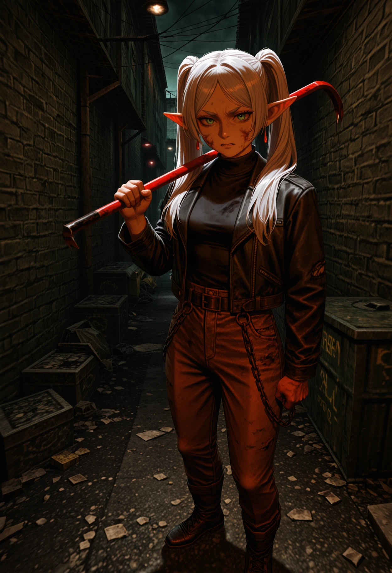 kingpin, realistic, masterpiece, best quality, amazing quality, very aesthetic, absurdres, newest, 1girl, frieren, (standing in dark urban alleyway:1.2), (angry expression:1.2), (blood-stained crowbar over shoulder:1.2), (furious glare:1.2), (dirty messy white hair:1.1), (blood on face and hands:1.1), (deep scars on face and body:1.1), (brown worn-out leather jacket, open:1.1), (black turtleneck:1.1), (brown pants with chain accessory:1.1), (black boots:1.1), (wet alley pavement:1.1), (grimy brick walls:1.1), (dumpster in background:1.1), (trash scattered around:1.1), cinematic lighting, moody shadows, ambient fog, photorealistic rendering, HDR, volumetric lighting, backlighting, (subject_focus:1.2), centered composition, shallow depth of field, high contrast, <lora:dmd2_sdxl_4step_lora:1> <lora:Kingpin_-_Life_of_Crime_Style_1.2_ILXL-000010:1>