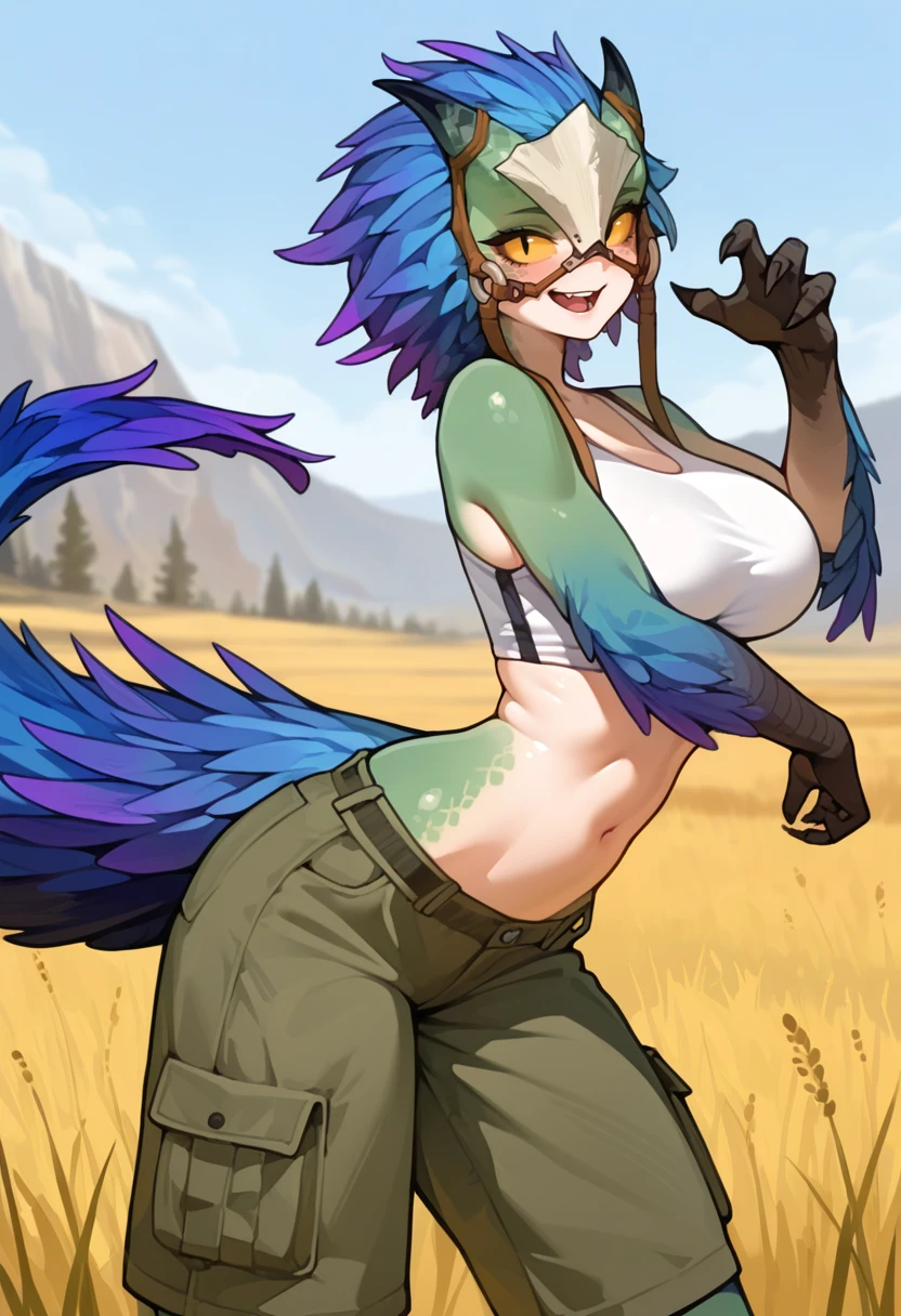 <lora:MH_Seikret_a1_1_NoobXL-eps:1>,<lora:EatSleep1111StyleSDXL11:0.7>,<lora:merrytailSDXLstyle:0.3>,eatsleep1111,merrytail,masterpiece,best quality,amazing quality,high quality,very aesthetic,absurdres,newest,shaded,digital media \(artwork\),depth of field,solo,mhskrt,female,animal humanoid,monster girl \(genre\),detailed background,yellow eyes,no sclera,pose,tail,athletic,plains,green body,blue and purple feathers,bridle,crop top,cargo shorts,open smile,