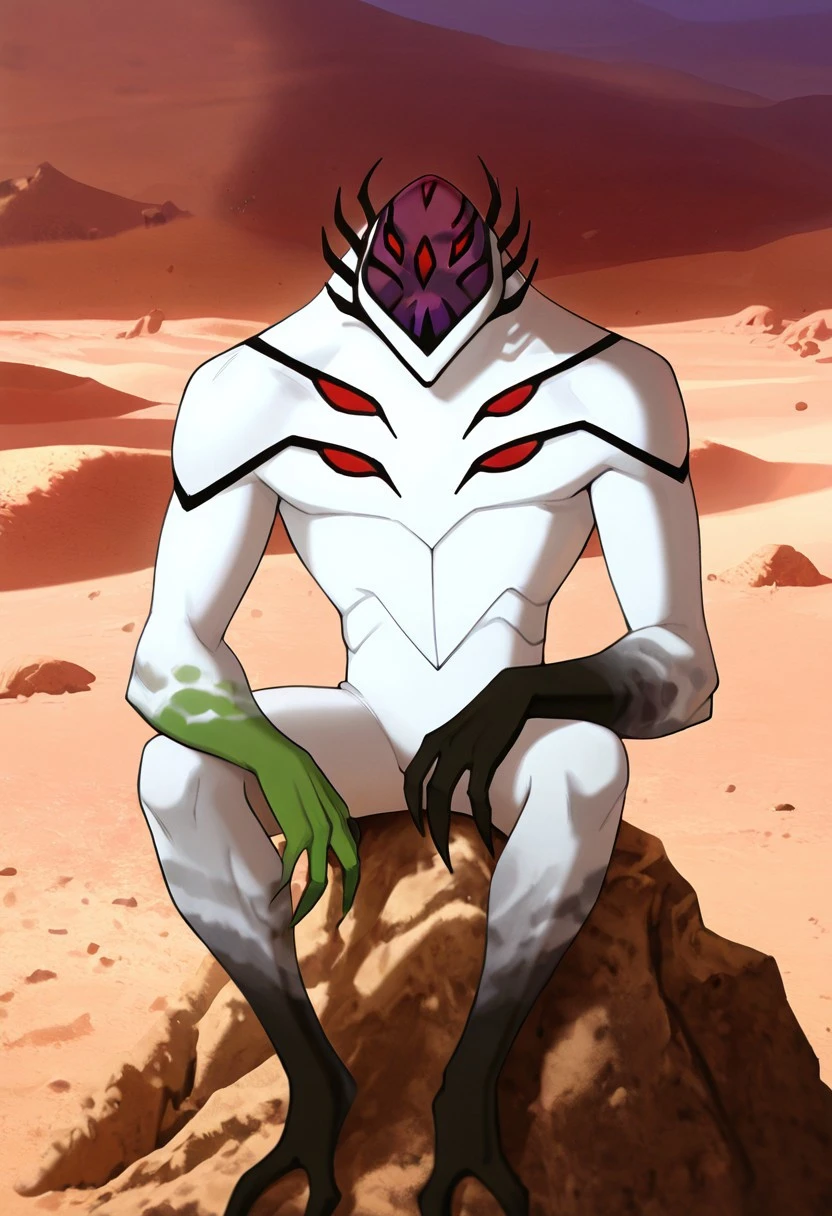 masterpiece, best quality, amazing quality, very aesthetic, absurdres, newest,, detailed background,
highbreed, extra eyes, solo, alien, white skin, purple face, , monster, red eyes, black hands, , claws, black head spikes, white body,
desert, looking at hand, green hand, one green hand, left green hand, sitting on rock,