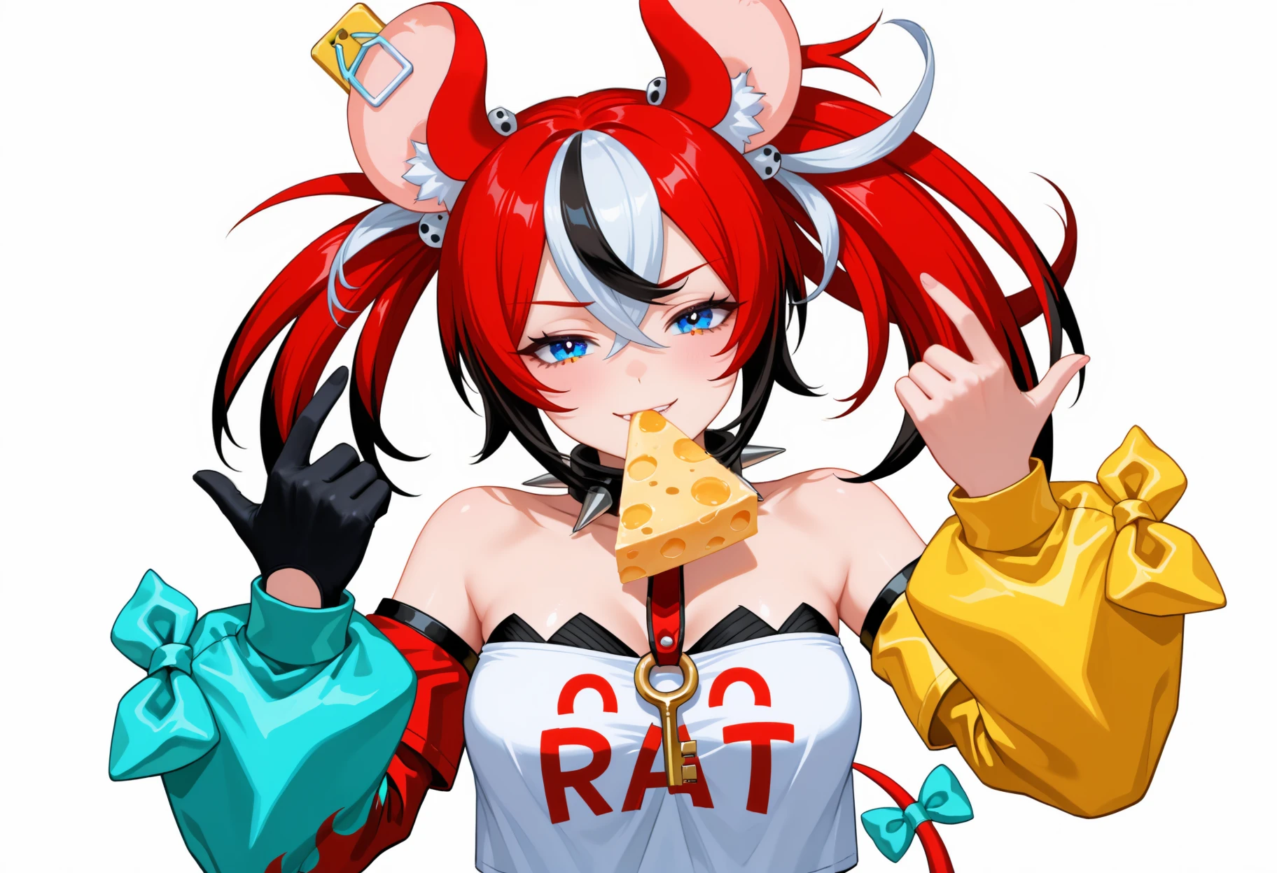 masterpiece, best quality, high quality, hakaridance, simple background, white background,
<lora:ChamHakosBaelzNoob:0.9> B4elzDef, blue eyes, multicolored hair, red hair, white hair, black hair, uneven twintails, dice hair ornament, animal ears, tail, tail ornament, spiked collar, key necklace, strapless shirt, white shirt, clothes writing, detached sleeves, asymmetrical sleeves, two-tone sleeve, yellow sleeve, single glove, black glove,
upper body, half-closed eyes, looking at viewer, smile, smirk, hands up, food in mouth, cheese, <lora:hakari_dance-14-Noob-EPS1.1-FUCK-THE-FP16:1>