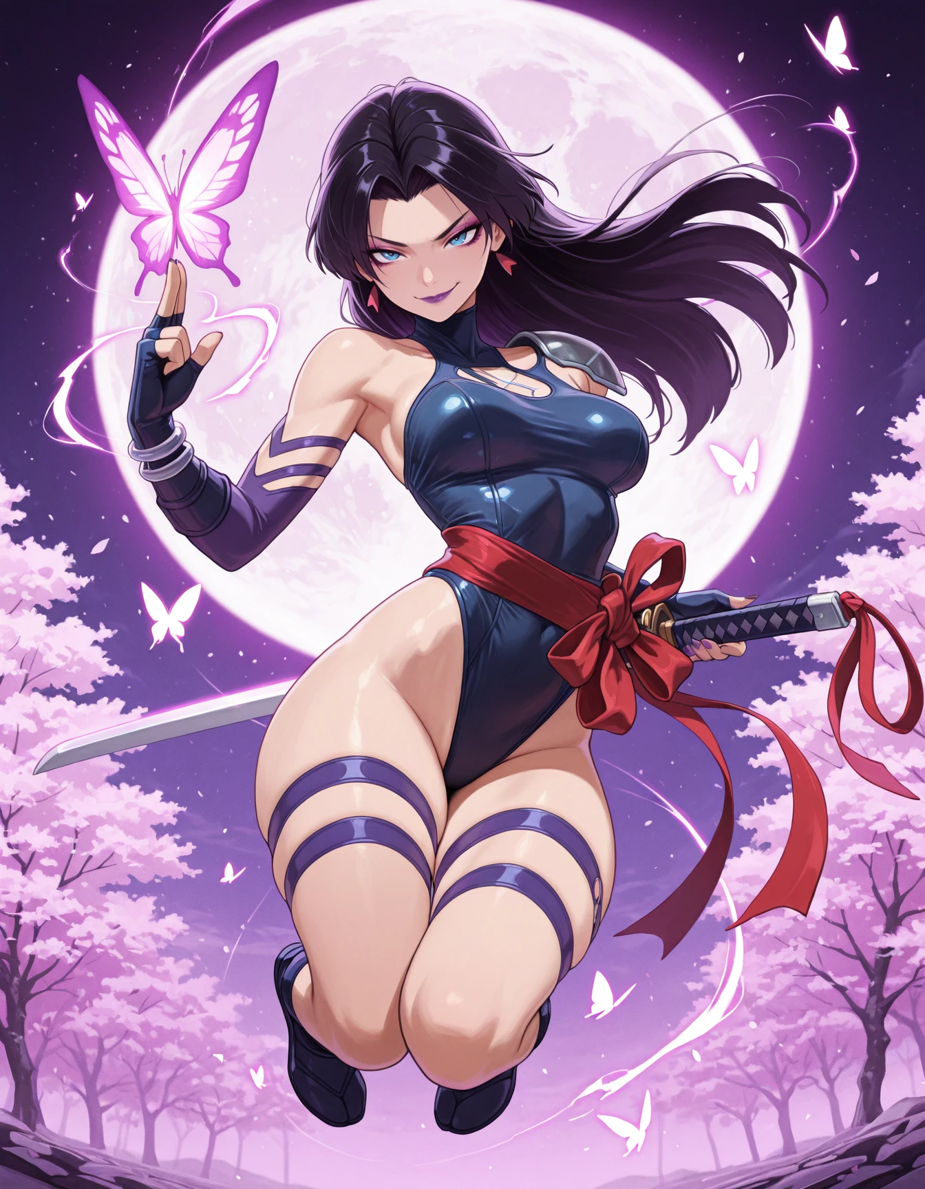 1girl, solo, An pretty woman, female assassin, goth ninja, long wavy purple hair, purple eyes, intricate face details, detailed face, big chest, wide hip, (Wearing: Black ninja mask, leather leotard, long fingerless gloves, belt, long boots), holding a katana blade, full body, she's looking directly at the camera with a (fierce, dangerous, seductive) gaze. (Background: outdoors, forest, Japanese architecture in the surrounding, night time). The 4k textures showcases the utmost level of detail, while the cinematic lighting adds depth and mystery to the scene.