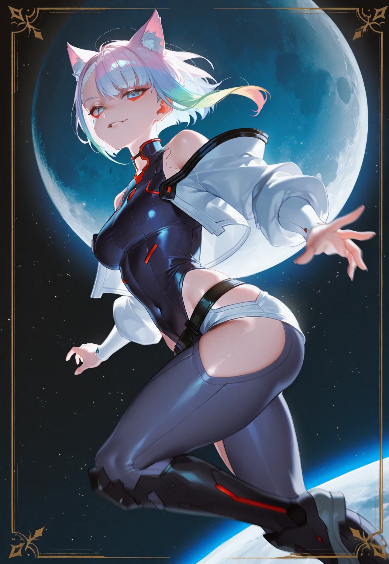 absurd res, high res, (masterpiece:1.4), ultra-detailed, 1girl, from above, space, floating