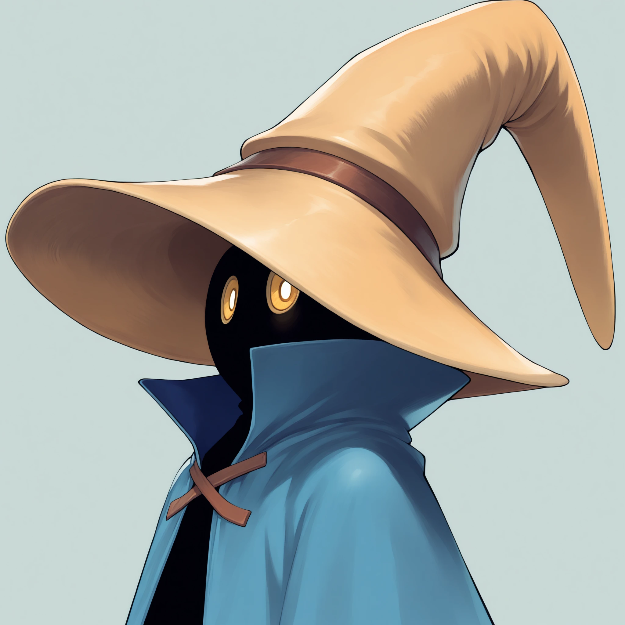 masterpiece, best quality, solo, 1boy, looking at viewer, <lora:Metaphor-portraits-illus_Fp:1>, simple background, portrait, <lora:Ziggy-illus_Fp:1>, ziggy, yellow eyes, shaded face, faceless, no mouth, wizard hat, blue cloak, robe, from side,