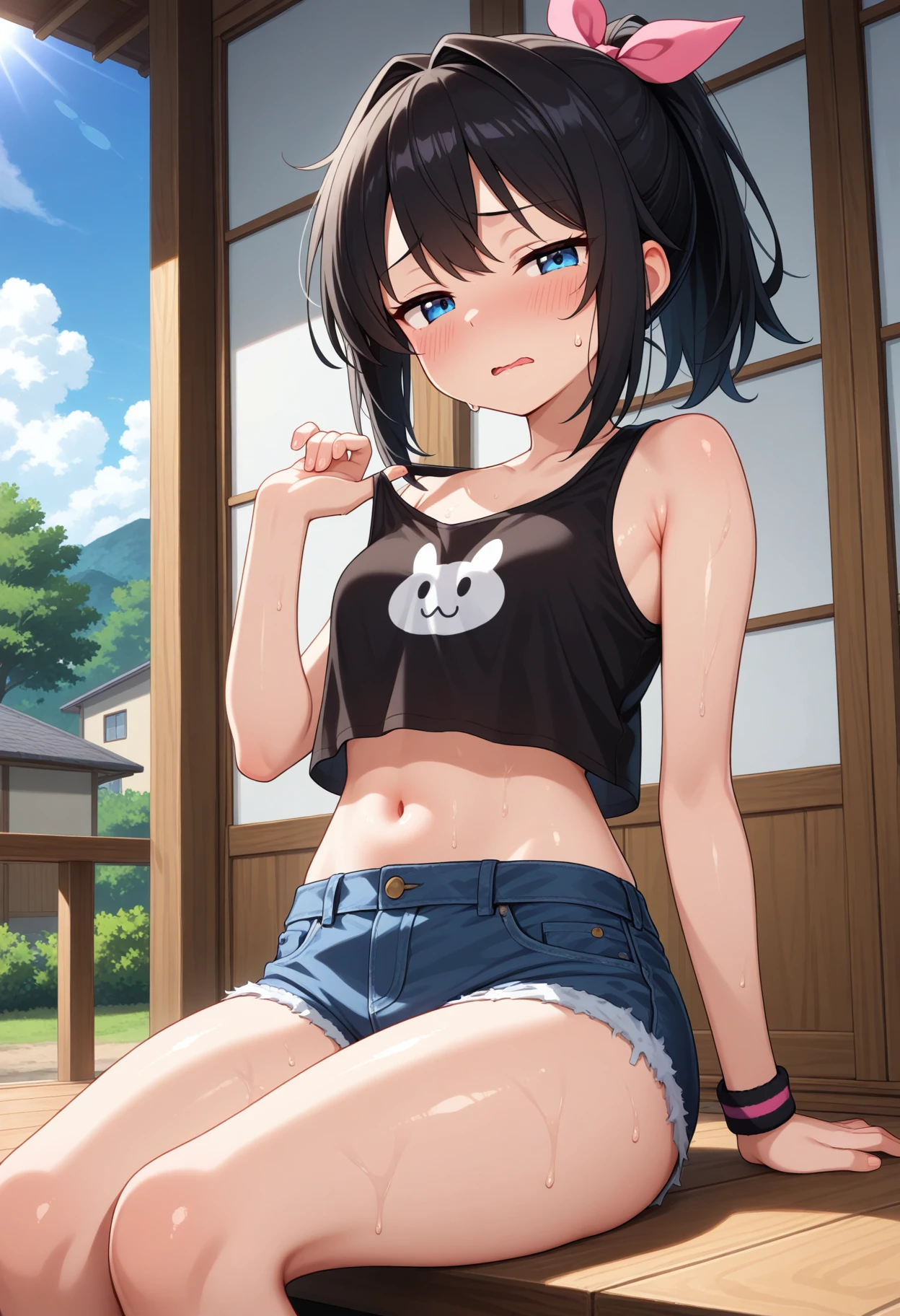 masterpiece, best quality, absurdres, very aesthetic, general, BREAK
A girl is sitting on the veranda. She looks tired from the heat of the summer sun. she has blue eyes. Her black hair is tied up in a ponytail with a pink ribbon. She is wearing a black tank top and denim shorts. Outside there are houses, gardens and trees and the weather is clear. BREAK
1girl, solo, navel, looking at viewer, bare shoulders, midriff, wavy mouth, half-closed eyes, hot, summer, sweat, sweatdrop, outdoors, collarbone, bare arms, day, sidelocks, thighs, arm support, small breasts, stomach, cowboy shot, midriff peek, building, hand up, eyebrows visible through hair, blue sky, cloud, strap pull, armpit crease, leaning back, wristband, crop top overhang, window, arted lips, veranda, animal print, bare legs, arm at side, hair intakes, armpits, strap lift, railing, shiny, sunlight,