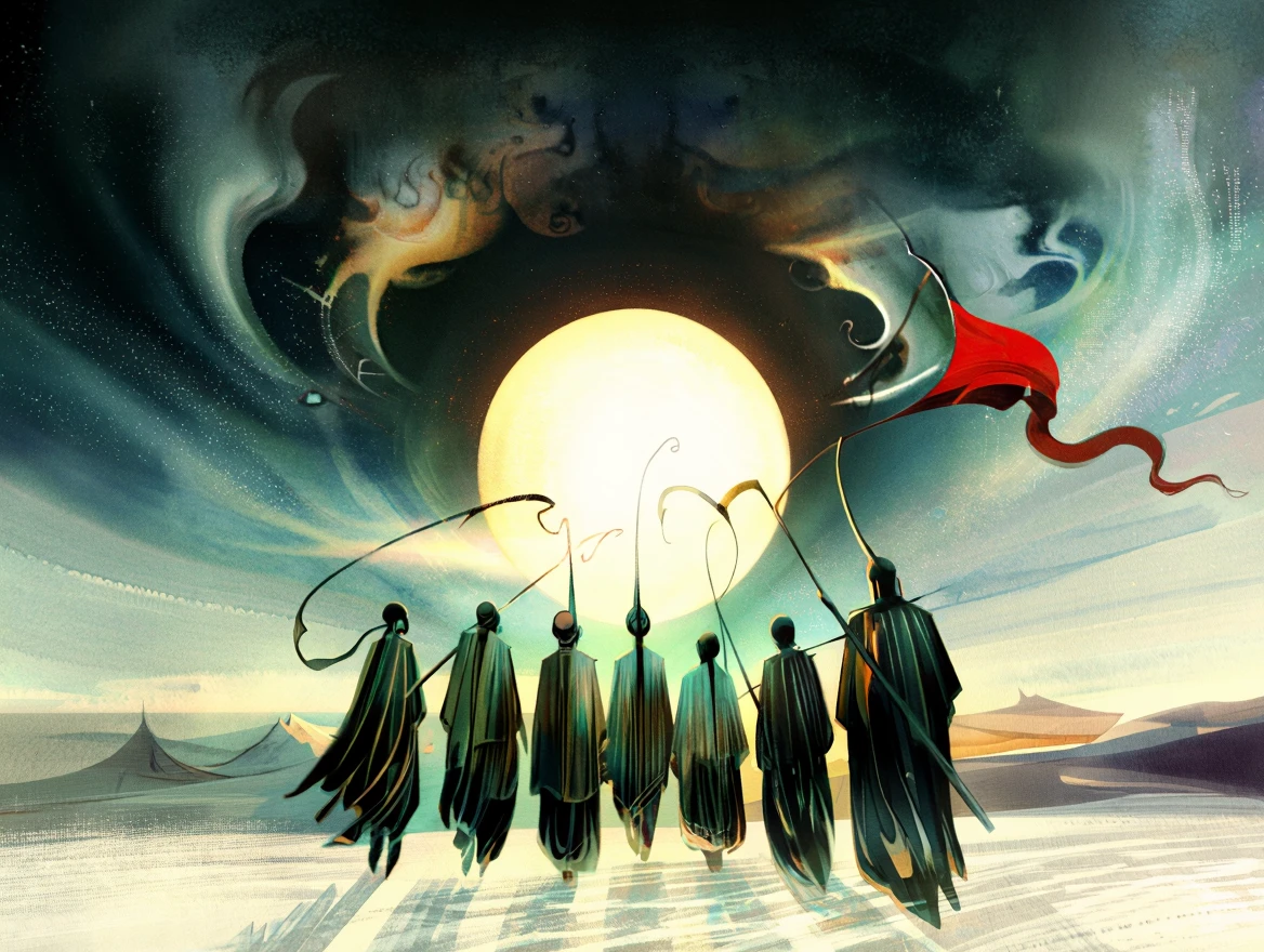 Seb Mckinnon illustration style. Group of ethereal spirets wearing robes, moving towards a bright sun on the horizon. One spirit is carring a pole with a red flag. The sun is bright and large but has mysterious clouds about it.