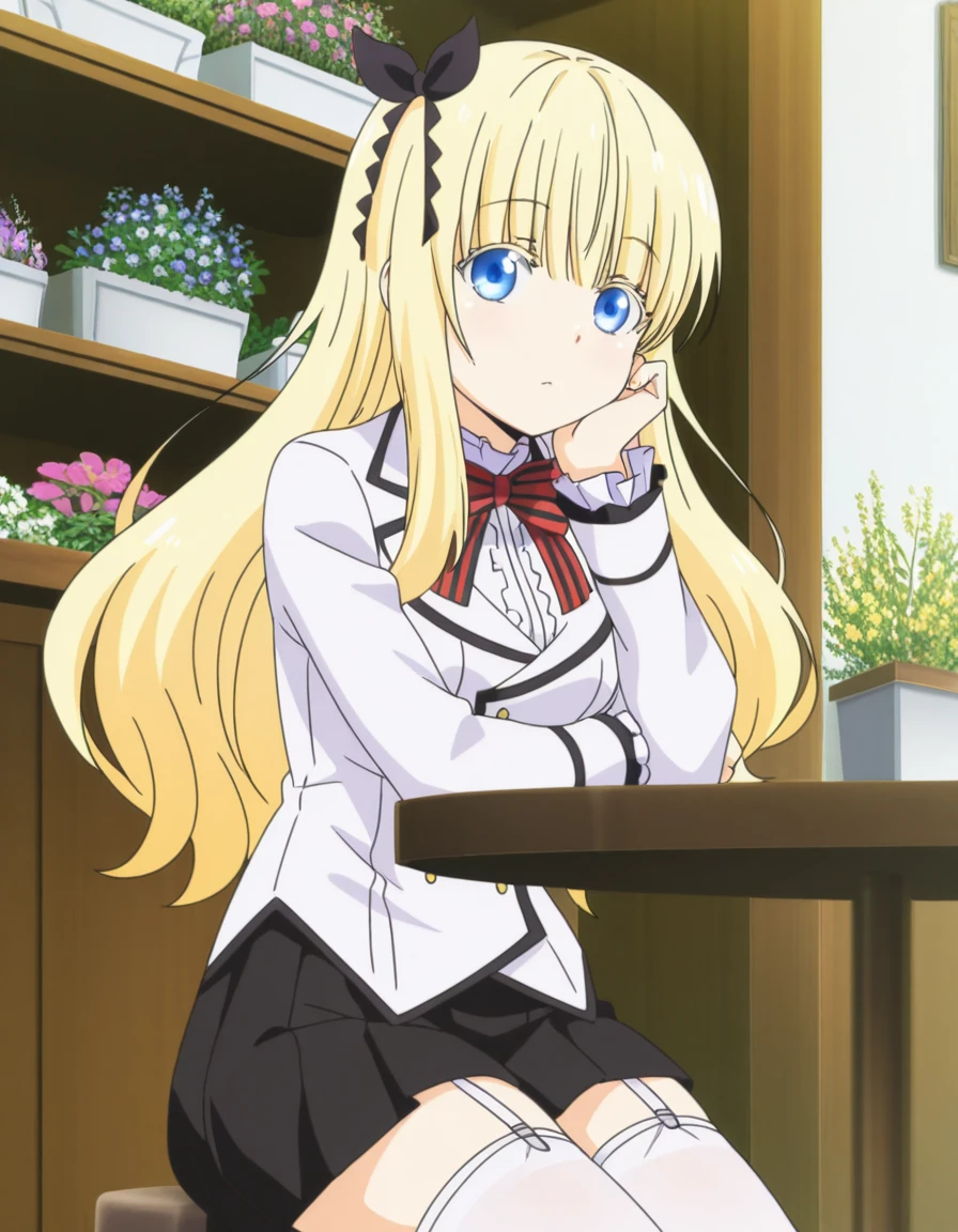 masterpiece, best quality, amazing quality,, <lora:juliet-persia-s1-illustriousxl-lora-nochekaiser:1>, juliet persia, long hair, bangs, blue eyes, blonde hair, black ribbon, black bow, hair ribbon, hair bow, mature female, medium breasts, anime screencap, skirt, shirt, thighhighs, long sleeves, jacket, white shirt, pleated skirt, striped, miniskirt, bowtie, black skirt, red bow, zettai ryouiki, black ribbon, garter straps, blazer, white jacket, striped bow, striped bowtie,, sitting, elbow rest, table,, flower shop, flowers, shelves, arrangements, cowboy shot, solo, looking at viewer,