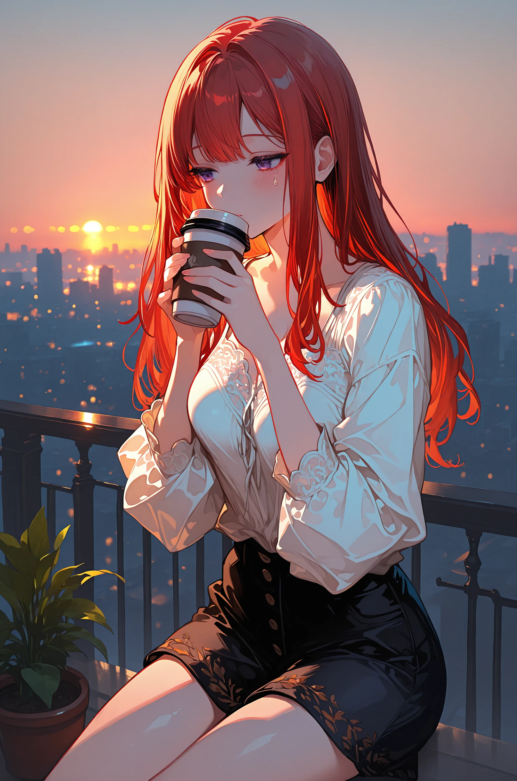 masterpiece, best quality, newest, absurdres, highres, 1girl, purple eyes, red hair, orange highlights, cowboy shot, drinking coffee, sitting on balcony, sunrise, cityscape, skyline, plants, potted plants, railing, warm lighting, casual, peaceful, coffee cup, urban background, soft lighting, 1girl, Wispy bangs, large_teardrop_breasts, Compact body, dark eyes, Auburn hair, intricate detail, extremely detailed