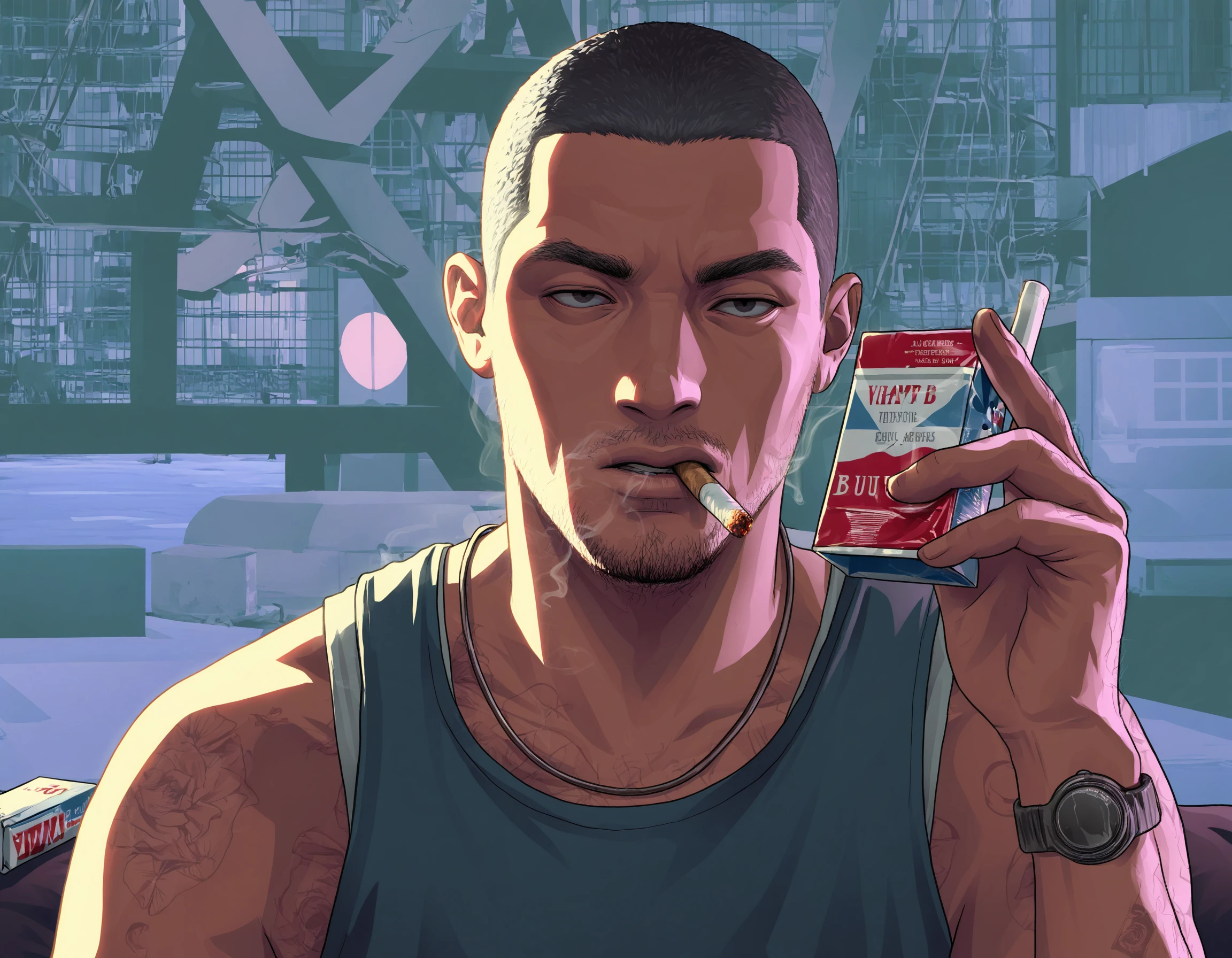 (masterpiece, shaded) gta6style, digital art, detailed background, solo, human, male, buzz cut, facial hair, upper body, cigarette, asian, black hair, tank top, cigarette pack, <lora:GTA6 Key Art Style NoobA:1>