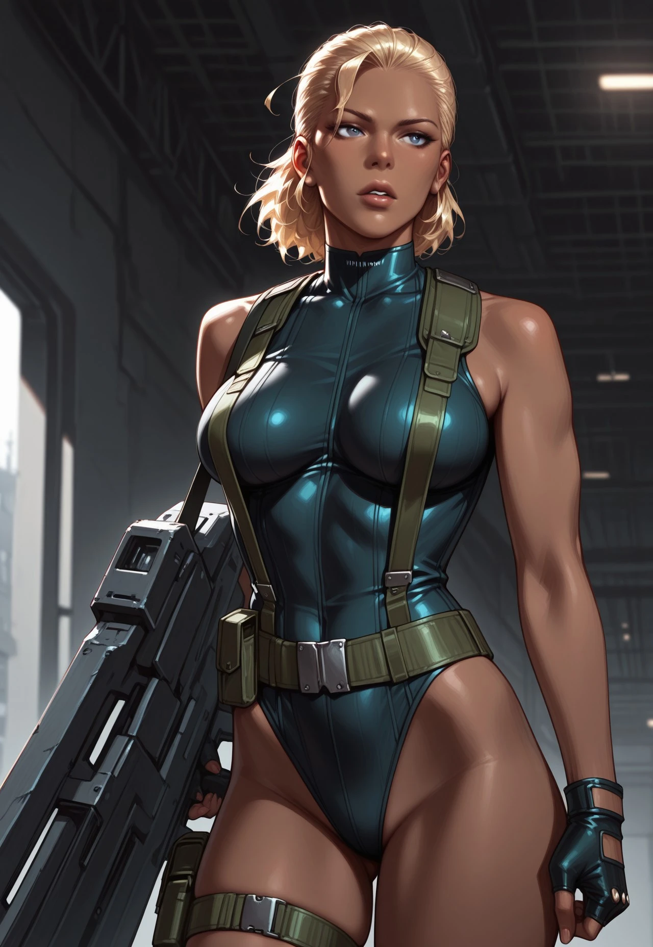 (masterpiece, best quality:1.4), ultra-detailed, soft light, natural lighting, cinematic light, film grain, (depth of field), (1woman, solo:1.4), mature woman, perfect female form, (perfect face, detailed face, glossy lips, eyeliner), short hair, blonde, (natural breasts), (green leotard, bare legs, gloves, boots), (mixtape:1.4), (city backdrop), (standing), hand on hip, full body shot, heroic, superhero