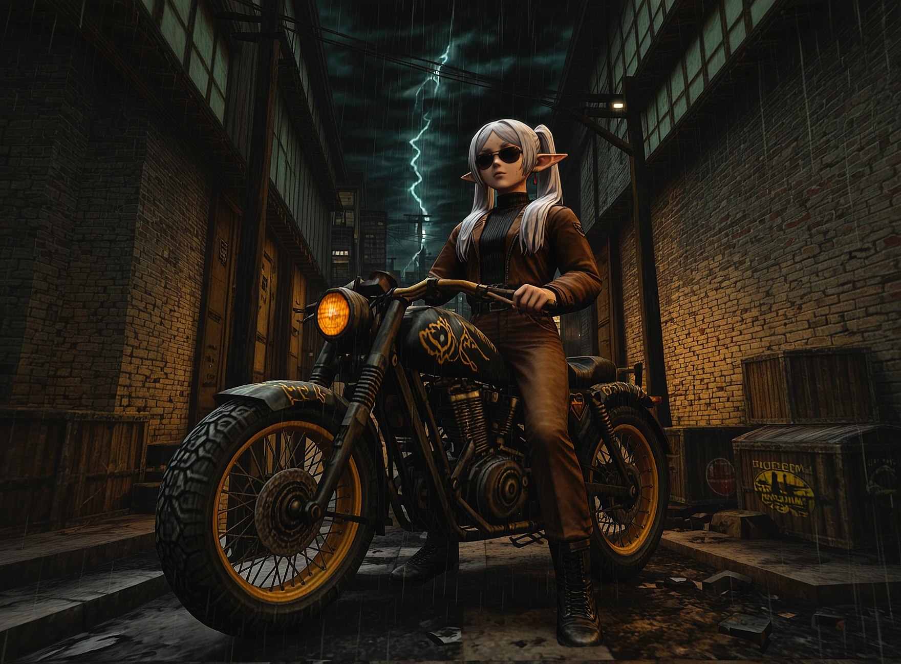 kingpin, masterpiece, best quality, amazing quality, very aesthetic, absurdres, newest, realistic, cinematic, 3d render, full body, full vehicle, wide shot, 1girl, frieren, solo, riding a rugged dirt bike, aviator sunglasses, golden rim, black tinted lens, brown leather jacket, big zipper, black turtleneck, brown pants with chains, black combat boots, confident expression, stormy weather, heavy rain, raindrops, thunderstorm, lightning in sky, wet pavement, gritty underpass alley, broken brick walls, cracked asphalt, puddles, graffiti, trash bags, scattered litter, broken power lines, shattered windows, busted doors, rusted air conditioners, dangling wires, old meters, dilapidated buildings, cinematic storm lighting, dramatic shadows, night scene, dark sky, <lora:dmd2_sdxl_4step_lora:1>, <lora:Kingpin_-_Life_of_Crime_Style_1.2_ILXL:1.2>