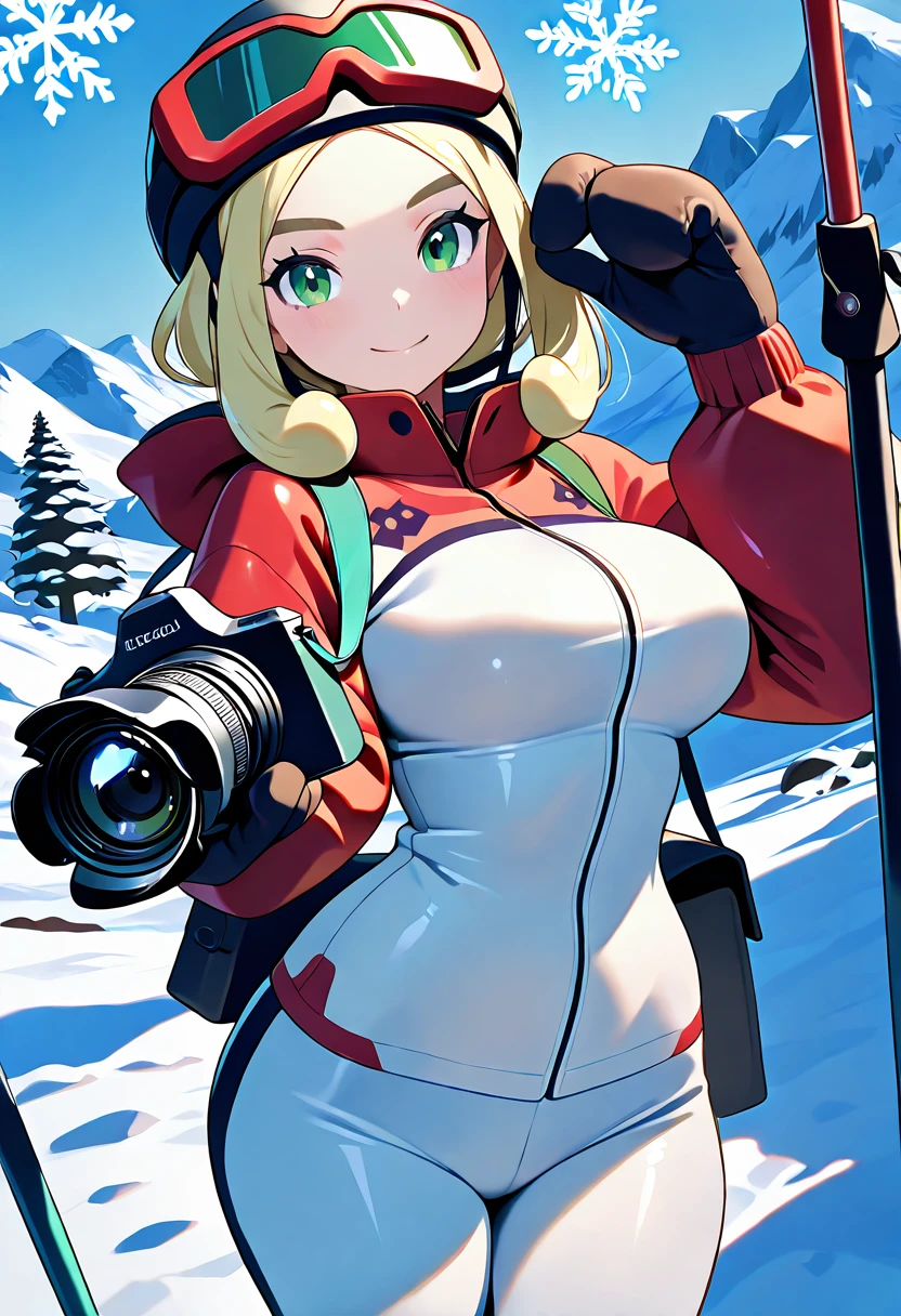 masterpiece, best quality, solo, curvy, beautiful eyes, narrow waist, wide hips, 1girl, solo, smile, looking at viewer, dynamic angle, foreshortening, close up,    zzViola, viola (pokemon), green eyes, eyelashes, thick eyebrows, blonde hair, short hair, parted bangs, sidelocks, holding camera,  <lora:ViolaPokemonIXL:1.0>,[Alpine Ski Resort], brightly colored ski jacket with snowflake patterns, thermal base layer, snow pants with reinforced knees, ski goggles resting on helmet, ski poles in hand, puffer gloves, towering snowy mountain slopes with chairlifts above, getting ready to hit the slopes,
