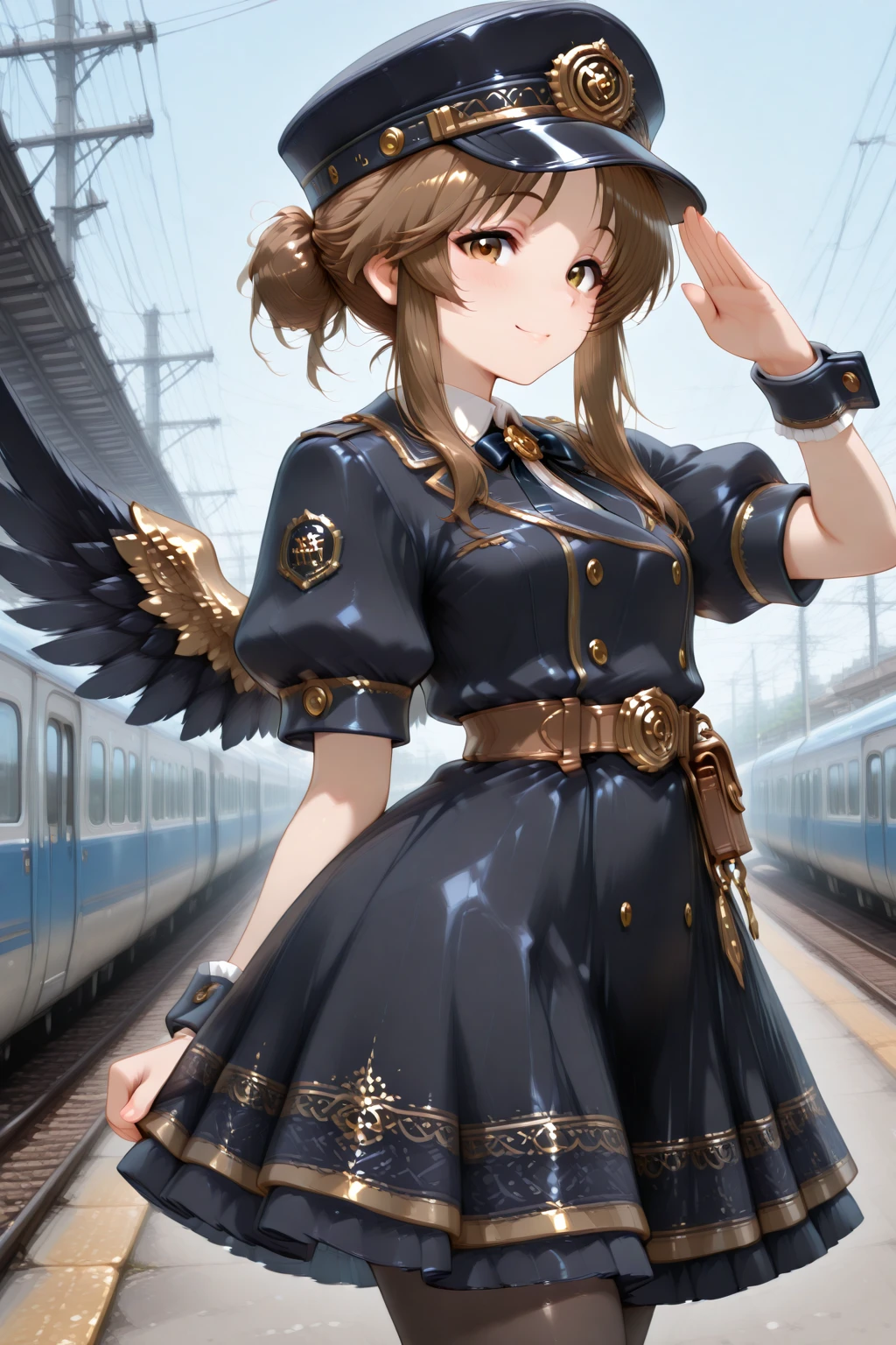 masterpiece, best quality, amazing quality, 1girl, solo, makeup, perspective, general, looking at viewer, dynamic angle, cowboy shot, serene smile, blush, train, platform, outdoors, salute, <lora:Takamori_Aiko_Cinderella:1>, Takamori_Aiko_Cinderella, long hair, brown hair, brown eyes, sidelocks, scrunchie, single hair bun, ponytail, (from side), <lora:Midnight_Conductor_Dream_Jacket_Dress:1>, Midnight_Conductor_Dream_Jacket_Dress, frilled dress, black dress, gold trim, frills, puffy short sleeves, wings, black wings, belt, belt pouch, hat, black headwear, peaked cap, bow, bowtie, ribbon, jacket, collared shirt, buttons, black pantyhose, wrist cuffs, boots, black footwear, <lora:wai-2Rectified-V140:1>, <lora:Arctenoxs_Refiner_LoRA:1>