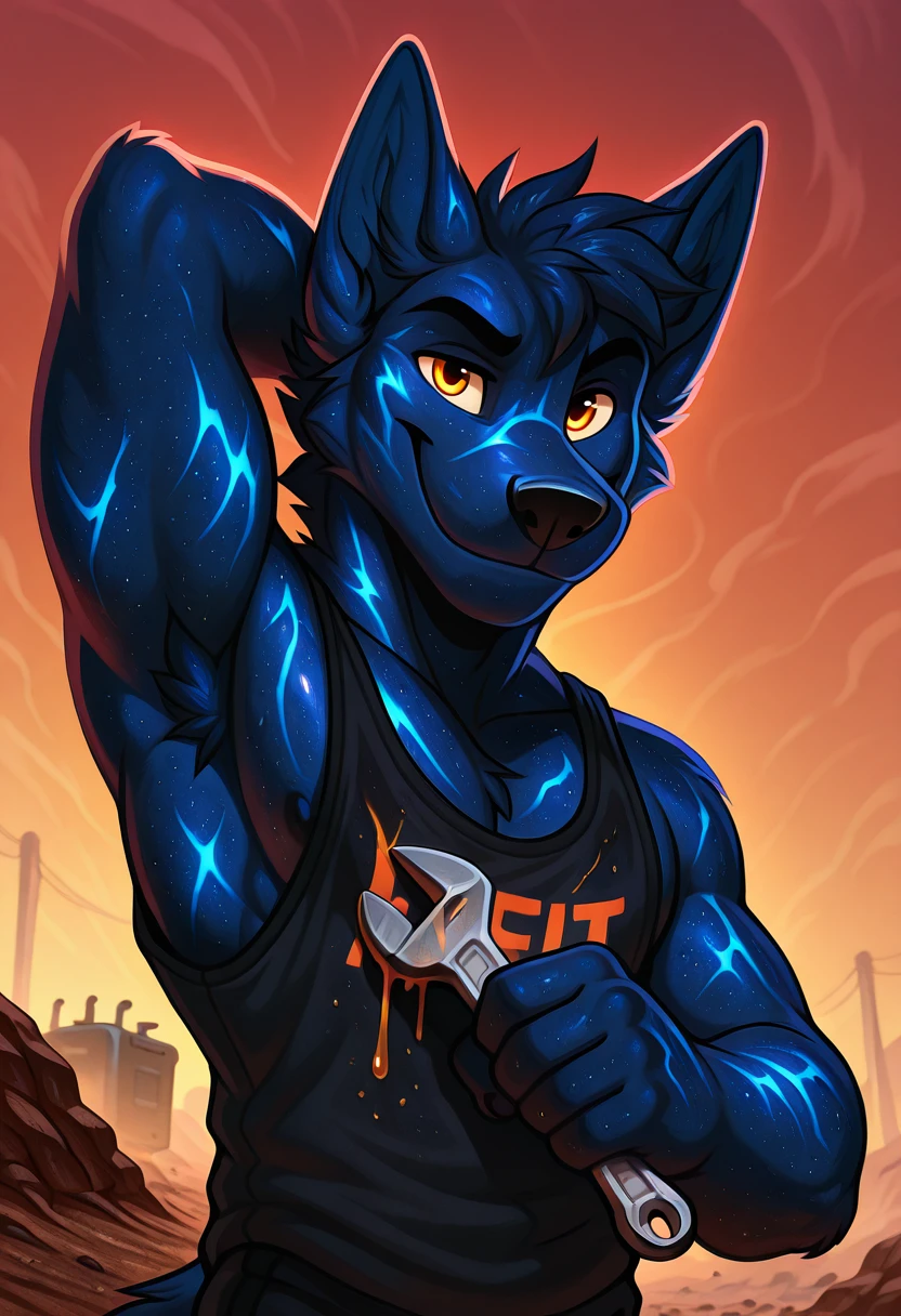 StellarPulse, blue skin, male, 1boy, furry, tank top, amber eyes, close up face, one arm behind, armpit hair, bara, messy hair, stains on tank top, dirt, oil, holding wrench, smile, looking at viewer, dutch angle