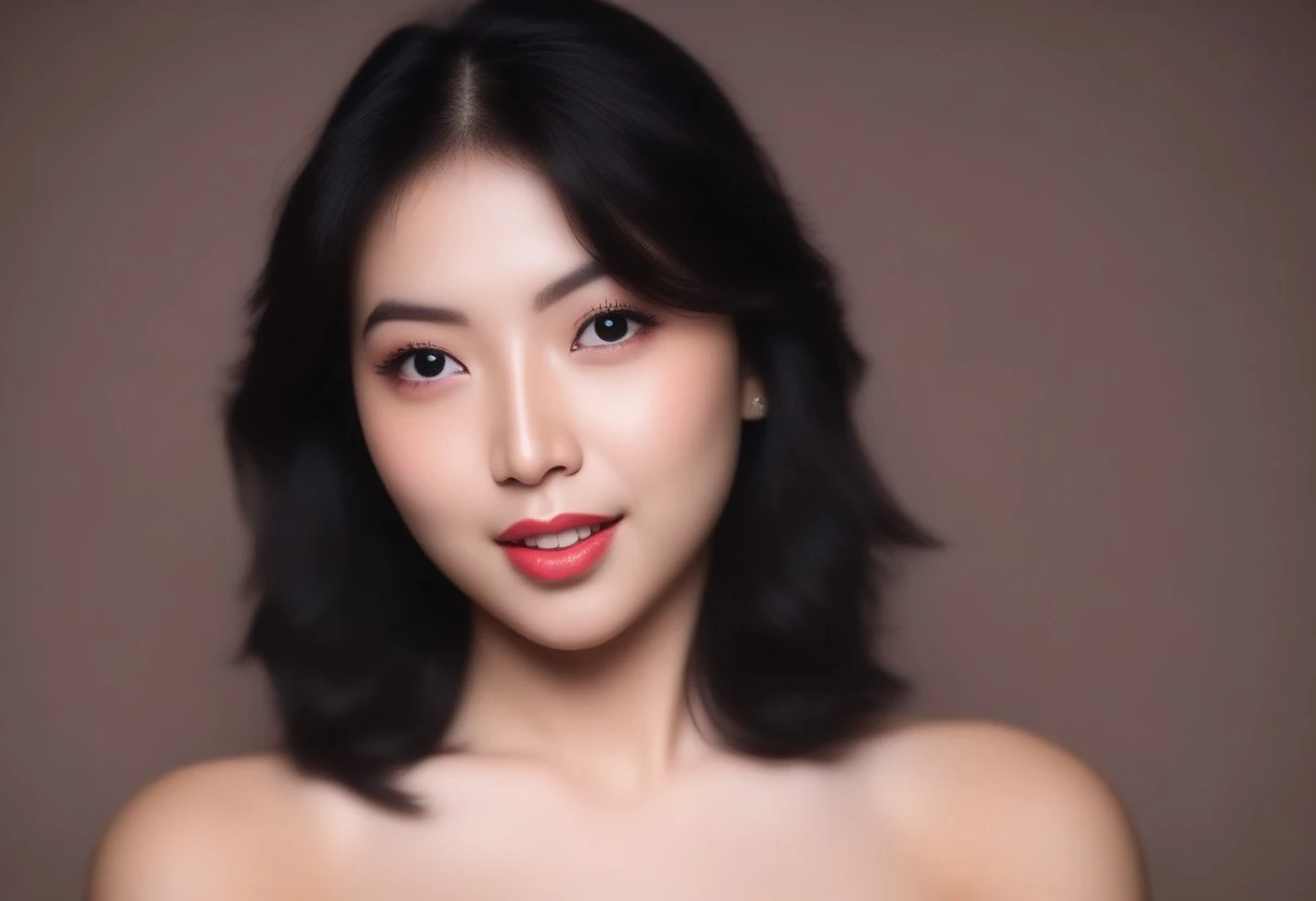 (beautiful polynesian woman, mixed korean, mixed japanese, korean idol,ulzzang-6500-v1.1), score_9,score_8_up,score_7_up, 20 years old, 8k, hd, beautiful girl, black hair, 1girl, detailed face, natural small breasts,perfect beautiful woman's face, bikini, ((ultra detailed eye, bright eyes, almond eyes)), bra, red background, looking at viewer, sexy waist, smirk