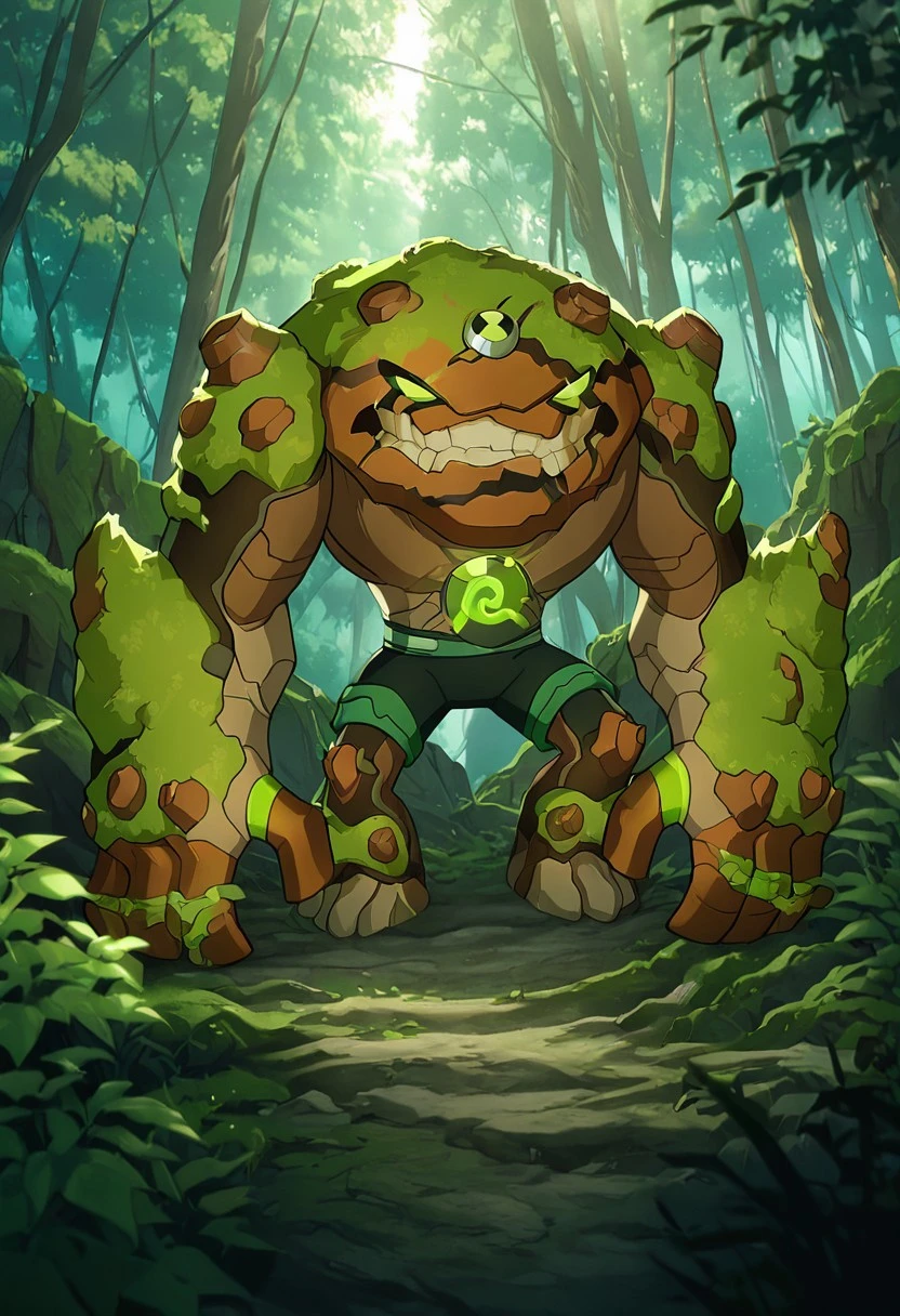 masterpiece, best quality, amazing quality, very aesthetic, absurdres, newest,, detailed background,
movie scene, cinematic scene, cinematic,
gravitack, crooked teeth, 1boy, armor, monster, green eyes, solo, massive arms, big hands,
moss growing, dynamic pose, moss growing on skin, vegetation, stone skin, in forest, jungle, behind trees, smile, green veins, brown skin