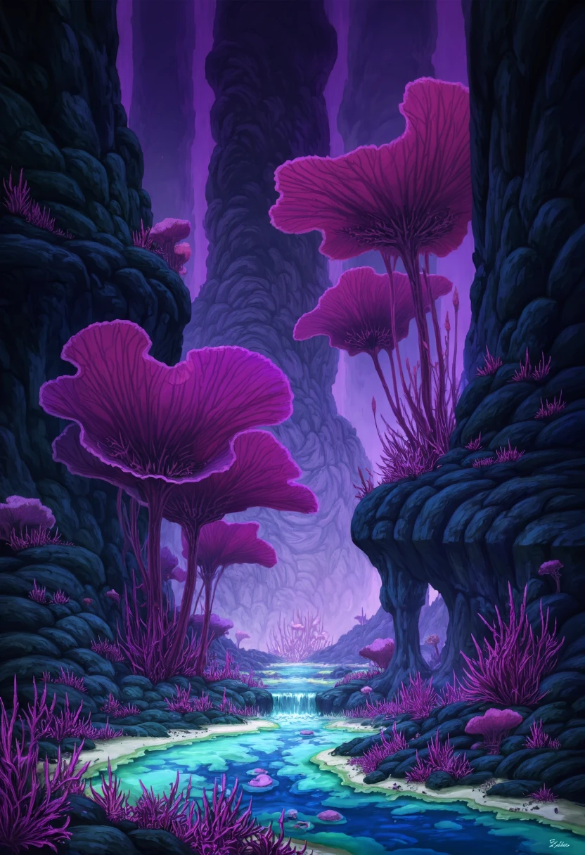 Aurora. This is a vibrant, fantastical digital painting depicting a mystical, alien landscape. The scene is dominated by a lush, vibrant biome filled with exotic, glowing flora and fauna. The foreground features a shallow, iridescent blue lake or lagoon, its surface reflecting the surrounding colors. The water is dotted with various aquatic plants and small, bioluminescent creatures.
In the midground, a variety of fantastical plants with purplish, neon tendrils and leaves stretch towards the sky, creating a surreal atmosphere. These plants have an ethereal quality, their colors shifting between deep purples and blues, almost luminescent. The plants' textures are detailed, with intricate, swirling patterns.
Towering in the background are towering, dark, organic structures resembling giant, twisted trees or columns, covered in a mix of dark purples, blacks, and deep reds.