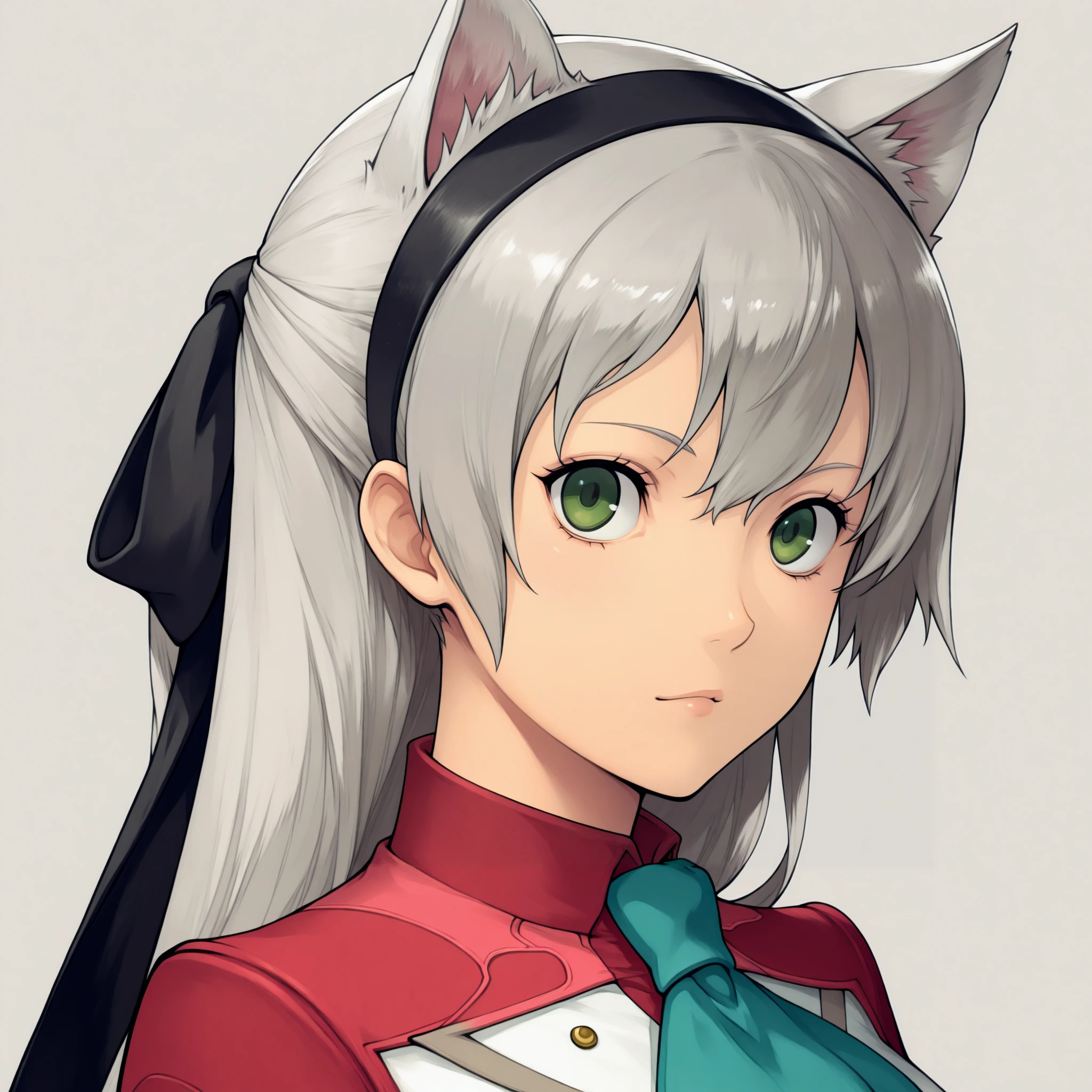 masterpiece, best quality, solo, 1girl, looking at viewer, <lora:Metaphor-portraits-illus_Fp:1>, simple background, portrait, <lora:elie-illu-nvwls-v1:1>, zrelie, grey hair, long hair, half updo, green eyes, black hairband, hair ribbon, white and red uniform, white dress, aqua ascot, animal ears, cat ears, from side,