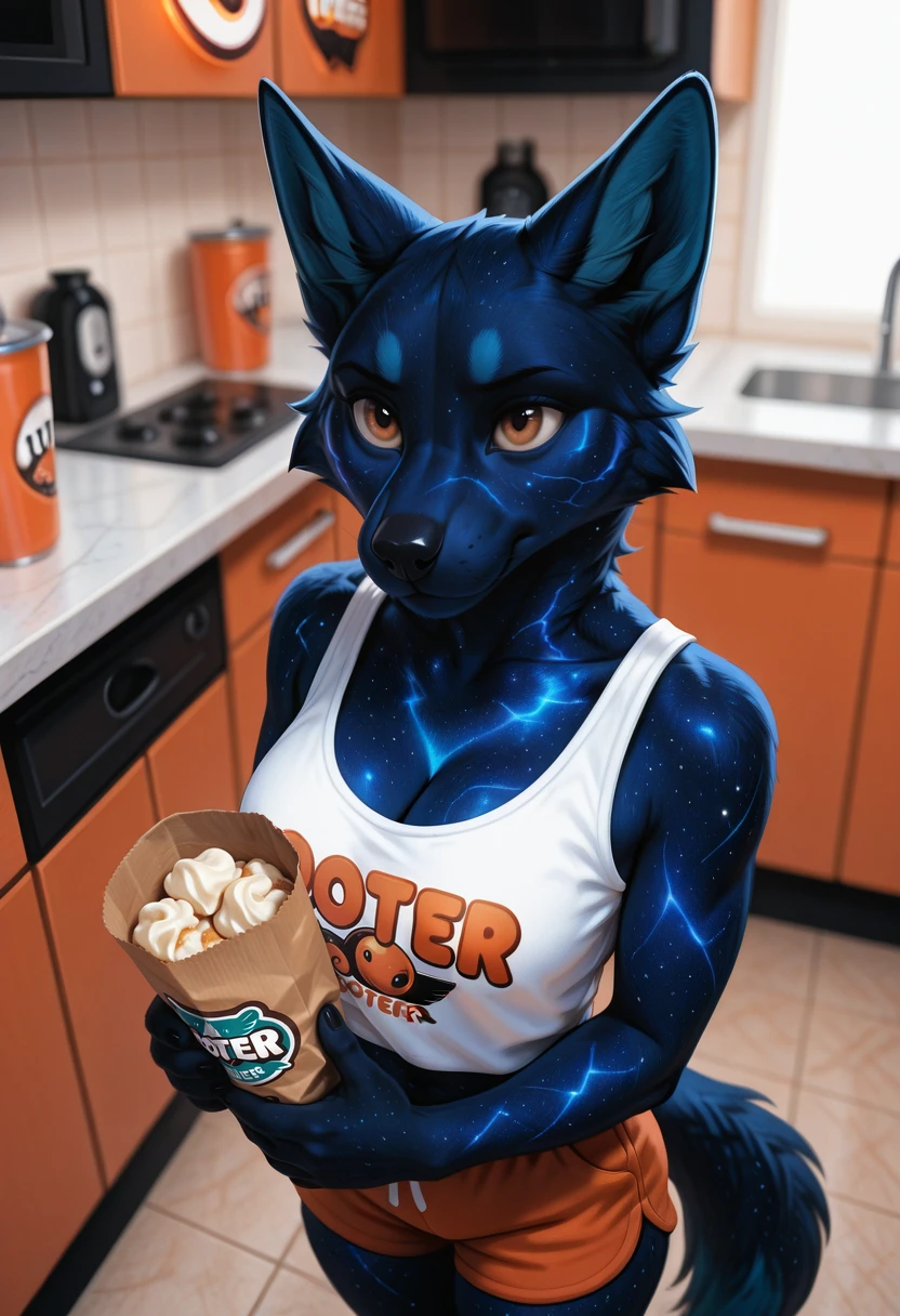 StellarPulse, blue fur, masterpiece, best quality, perfect quality, very awa, absurdres, newest, very aesthetic, solo, female focus, hooter shirt, hooter white shirt, from above, carry food, cleavage
