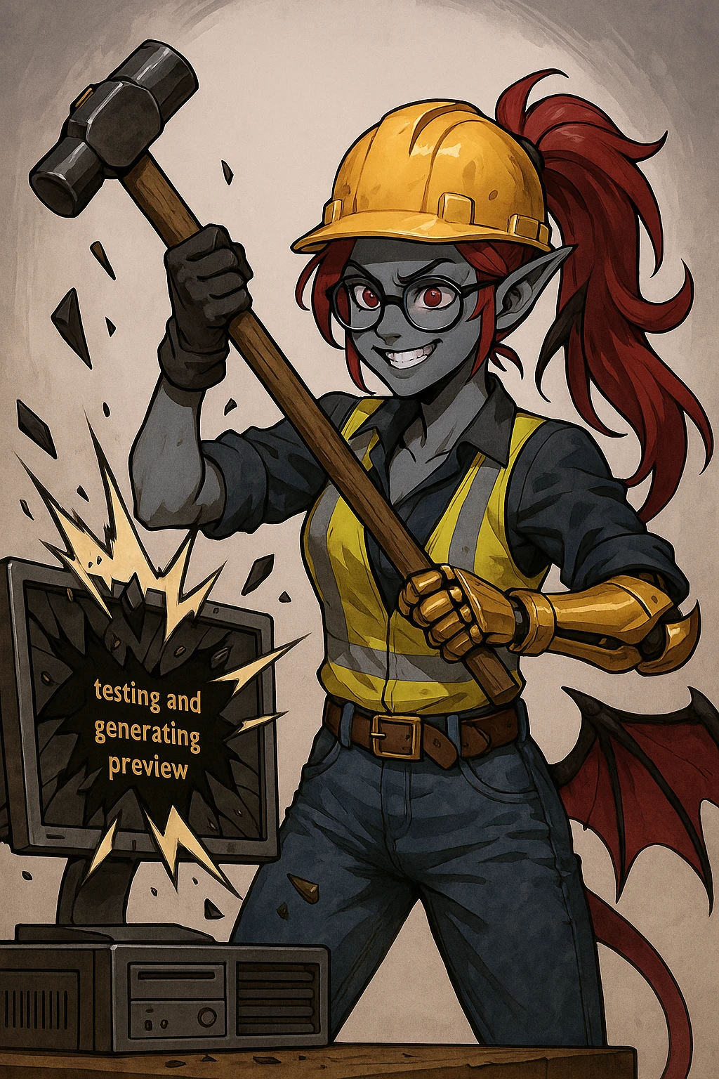 Make this character, succubus with red hair, high taied in ponytail, wearing round glasses with black frame and right prosthetic arm made of golden metal wear a construction worker outfit and bash the computer that has a text on the screan "testing and generating preview"