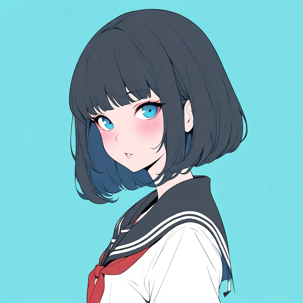 masterpiece, best quality, absurdres, 1LLUSMJ7, 1girl, solo, short hair, simple background, black hair, blue background, blue eyes, sailor collar, bangs, red neckerchief, looking at viewer, neckerchief, school uniform, flat color, bob cut, serafuku, black sailor collar, blush, upper body, shirt, white shirt, parted lips, aqua background