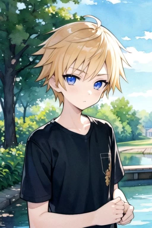 masterpiece, best quality, illustration, 1boy, solo, male focus, looking at viewer, upper body, , (watercolor illustration, soft pastel colors:1.1), , <lora:banri_watanuki:0.72>, banri_watanuki, blonde hair, blue eyes, t-shirt dress, , canal, High definition