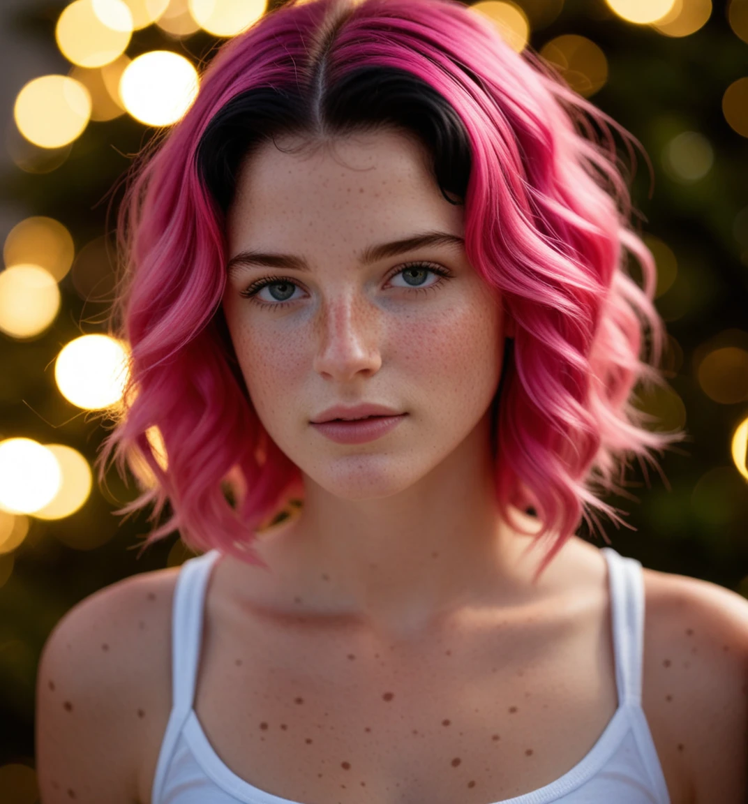 award-winning masterpiece, RAW editorial photo, 1girl, hot pink hair, freckles, 18yo, gorgeous, cute face, cute girl, short fluffy black hair, detailed face, beautiful woman's face, crop top, looking at viewer, ultra realistic, hyper realistic, bokeh background, from above, dynamic composition, engaging narrative, high-quality details, evocative mood, immersive scene, realistic textures, captivating atmosphere