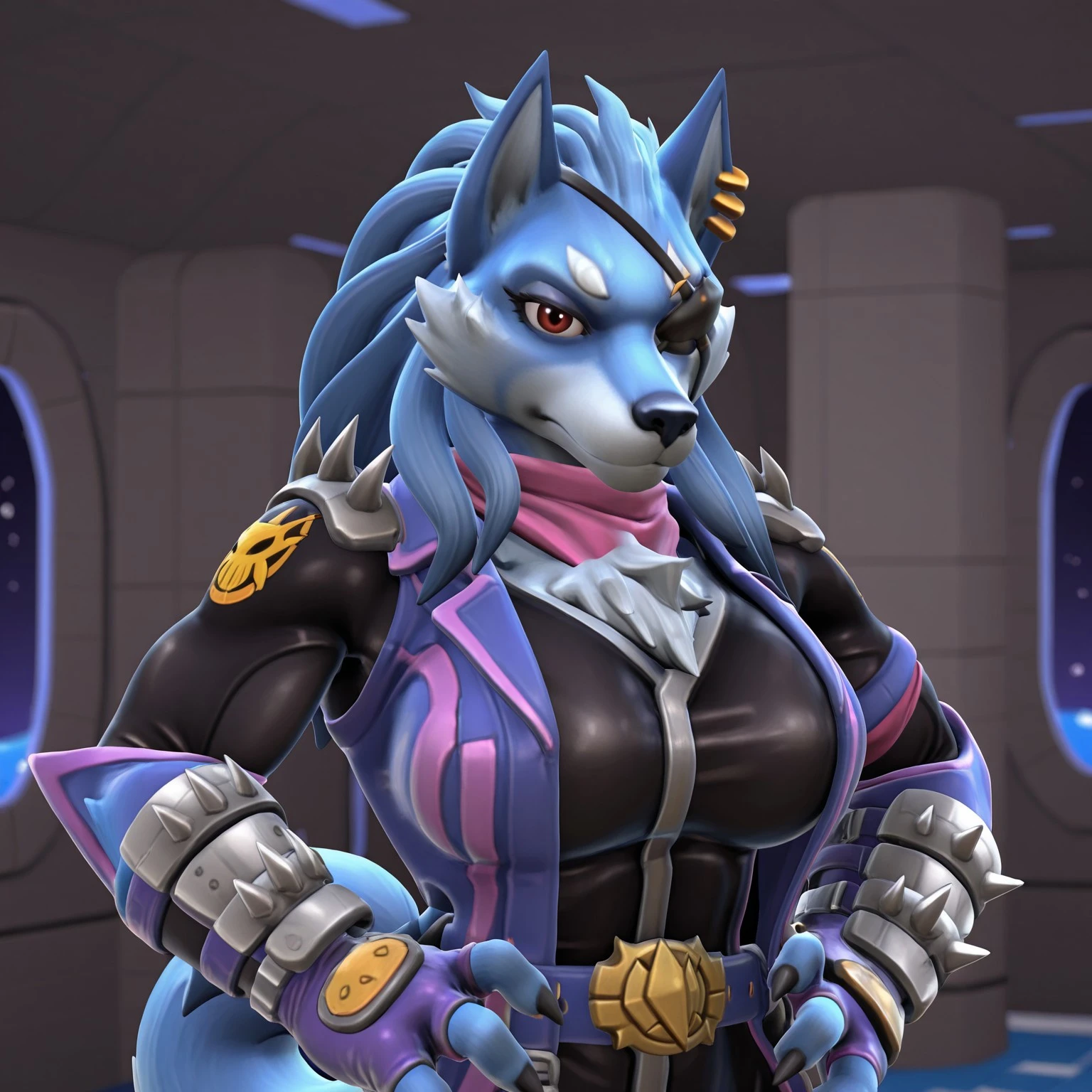 uncensored, masterpiece, best quality, highly detailed, realistic, 1girl, solo, KieraSOF, furry, anthro, canine, wolf, black eyepatch, yellow earring, white eyebrows, dark-red eyes, black pupils, dark-blue nose, blue hair, long hair, blue body, blue fur, medium tail, cheek tuft, chest tuft, elbow tuft, big breasts, Pink Kerchief, silver shoulder spikes, Purple Sleeveless Jacket, Black Bodysuit, Purple Fingerless Gloves, Gold Buckle standing, close-up, angry, hands on own hip, 4 fingers, black claws, looking at viewer, purple lighting, in spaceship, detailed background, upper body, standing, front view, closed, mouth, dutch angle