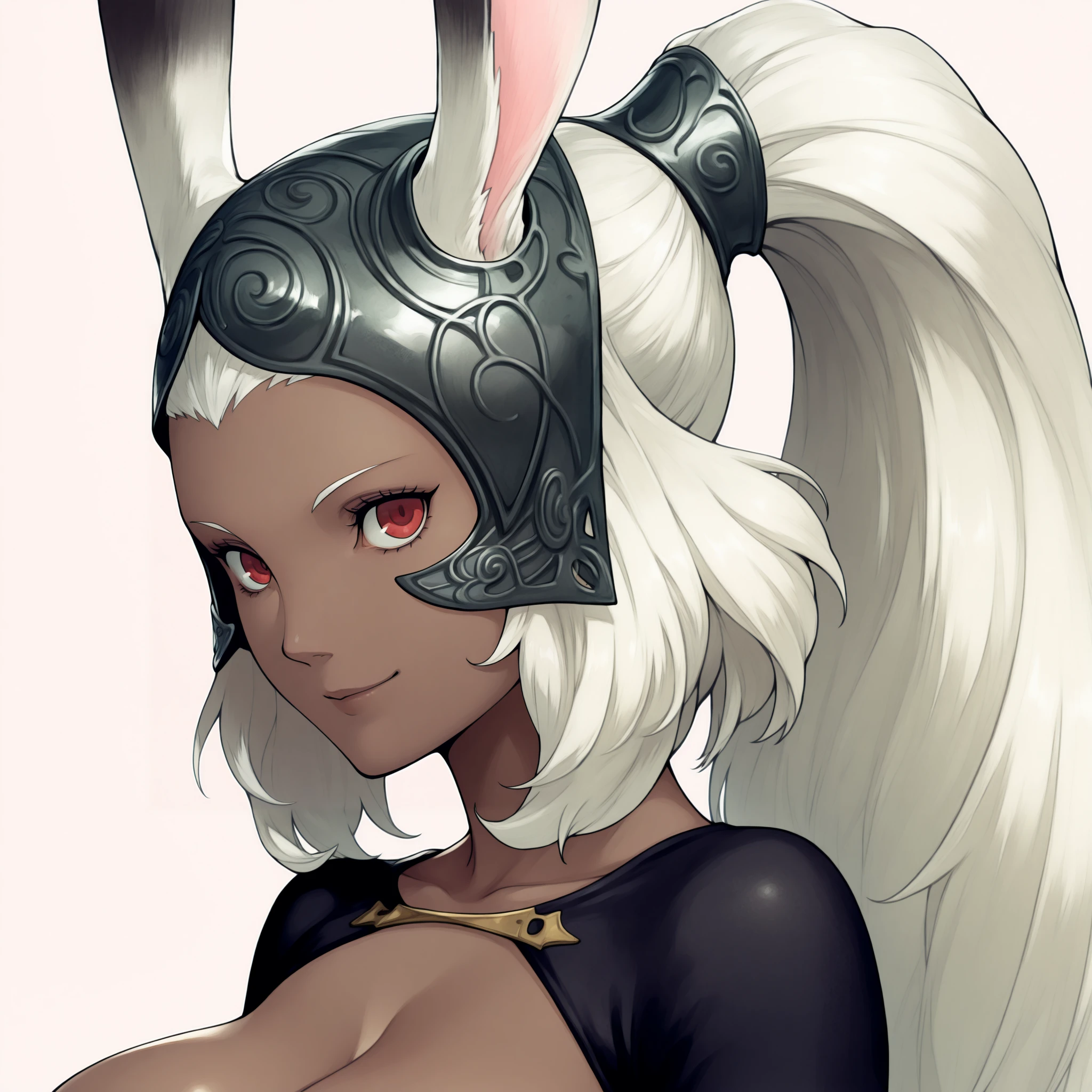 masterpiece, best quality, solo, 1girl, smile, looking at viewer, <lora:Metaphor-portraits-illus_Fp:1>, simple background, portrait, from side, <lora:fffran-illu-nvwls-v1:1>, frneyt, dark-skinned female, rabbit ears, white hair, high ponytail, red eyes, large breasts, helmet, ears through headwear, black shrug top, black armor, center opening, vambraces, armored leotard, black leotard, cleavage,
