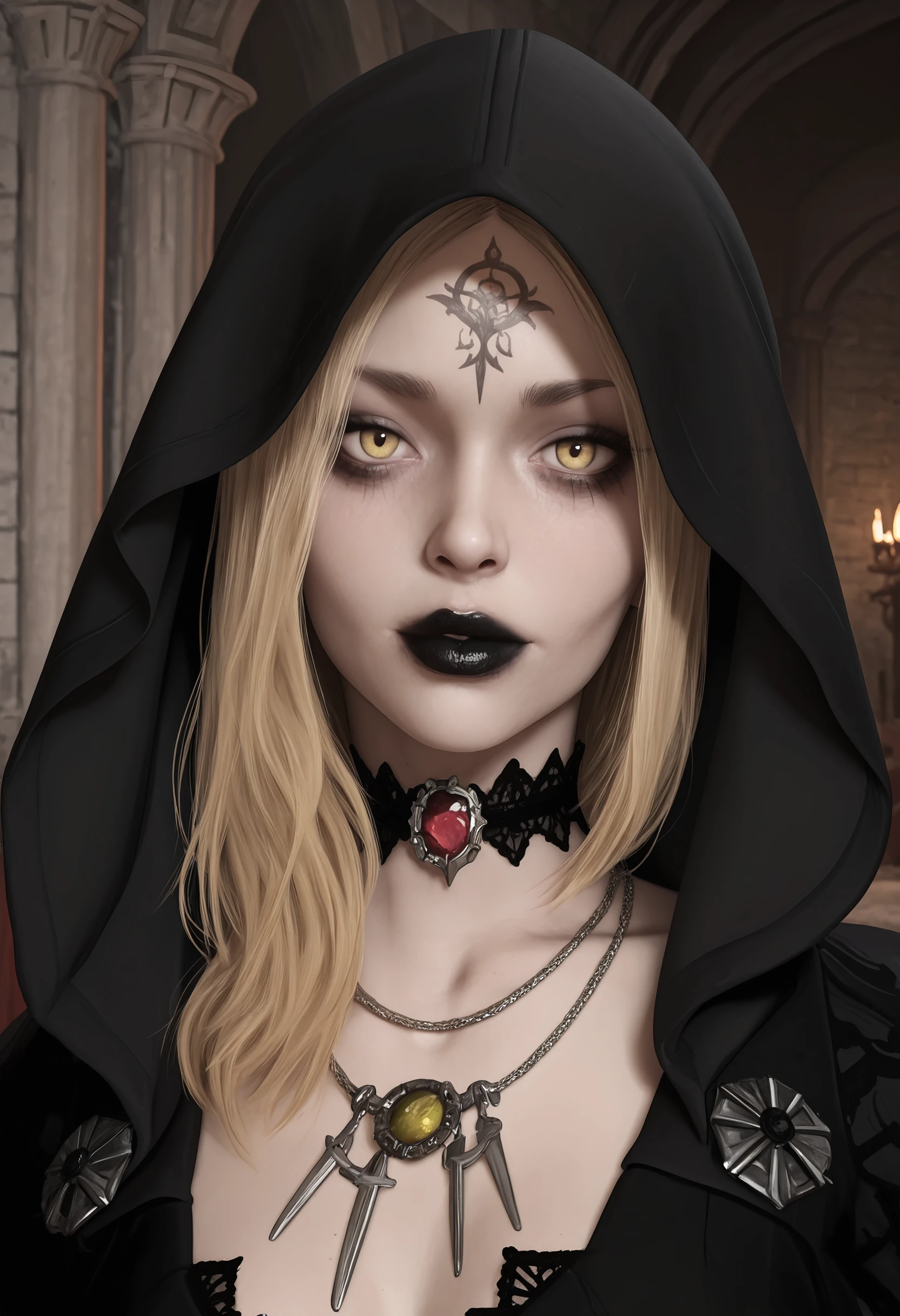masterpiece, best quality, amazing quality, very aesthetic, absurdres, newest, <lora:BelaDimitrescuILf:0.9> b3lilf, 1girl, blonde hair, yellow eyes, black lips, forehead tattoo, hood, dress, choker, necklace, looking at viewer, portrait,
castle interior,