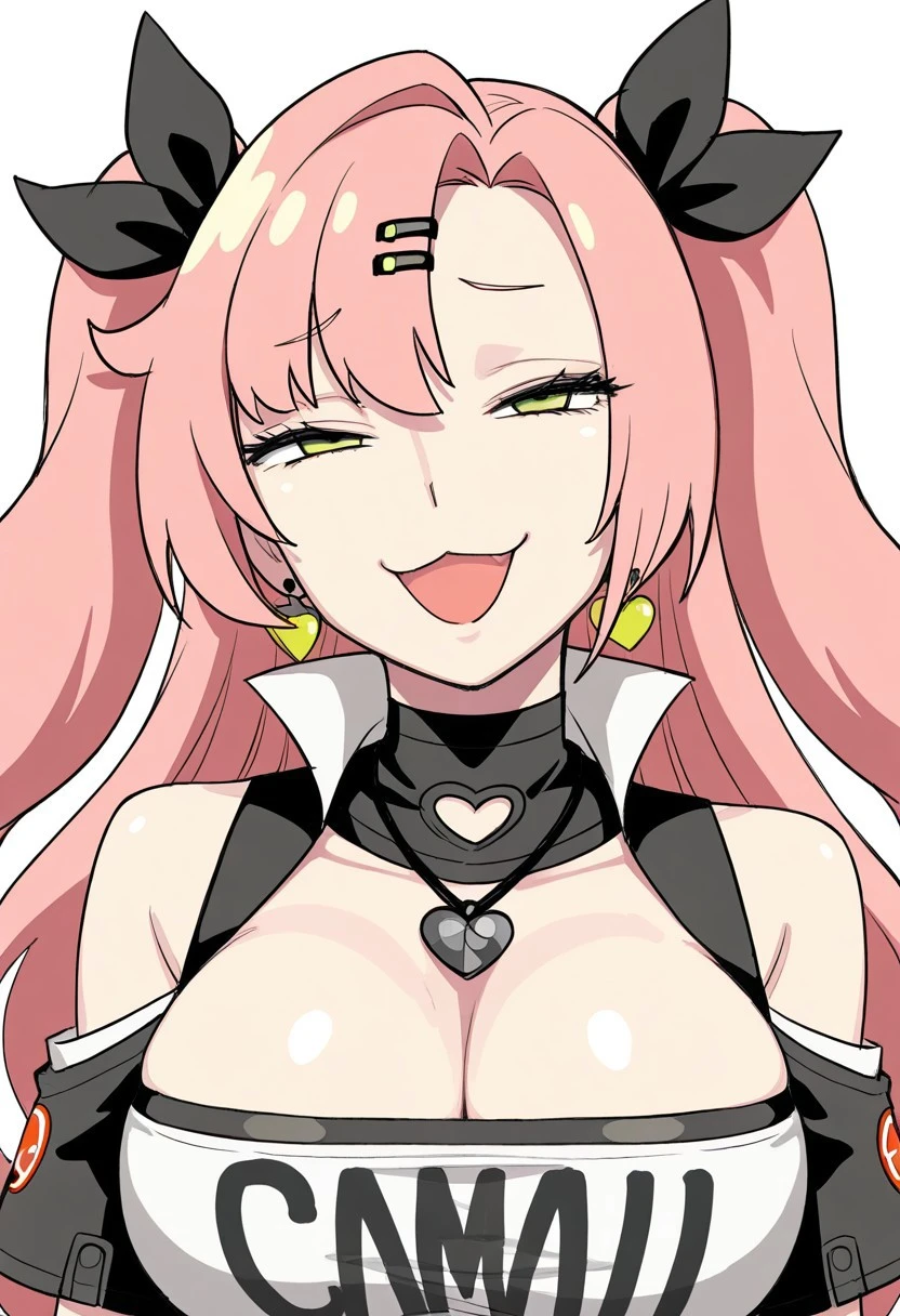Smile, happy, skirt, pink hair, long hair, long pink hair, breasts, pov below, looking from below, cute, cutesy, stickers on face, stickers, green eyes, bowtie, red bowtie, sharp teeth, bunny ears, bunny, rabbit ears, rabbit, big breasts