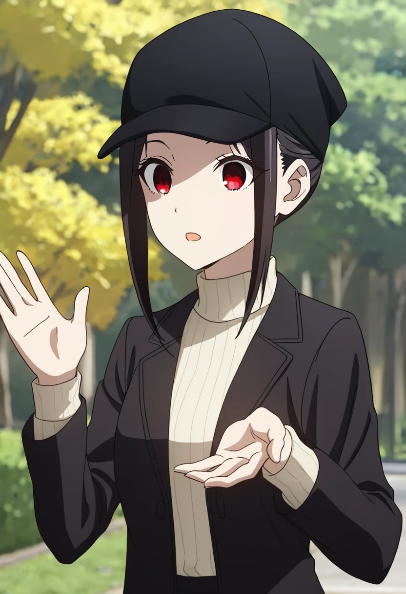 masterpiece, best quality, good quality, very awa, newest, highres, absurdres,outdoors,KaguyaShinomiya-LoveIsWar,
Kaguya Shinomiya \(Love is War\), 1girl, solo, black hair, long sleeves, hat, jacket, sidelocks, sweater, black jacket, hands up, black headwear, turtleneck, parody, ribbed sweater, turtleneck sweater, beanie,
, <lora:Kaguya Shinomiya (Love is War) Illustrious v3:0.8>