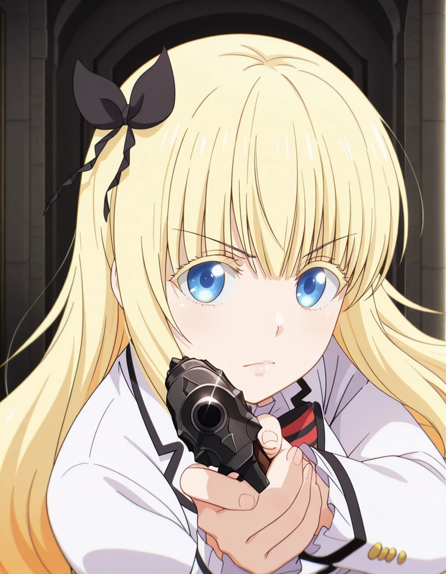 masterpiece, best quality, amazing quality,, <lora:juliet-persia-s1-illustriousxl-lora-nochekaiser:1>, juliet persia, long hair, bangs, blue eyes, blonde hair, black ribbon, black bow, hair ribbon, hair bow, mature female, medium breasts, anime screencap, <lora:center-axis-relock-stance-illustriousxl-lora-nochekaiser:1>, center axis relock stance, looking at viewer, holding, closed mouth, weapon, holding weapon, gun, holding gun, handgun, aiming, finger on trigger, aiming at viewer, m1911,, ,